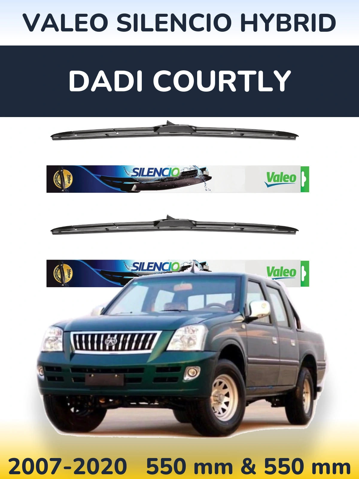 Front wiper blade set Valeo Silencio Hybrid 550 & 550 mm for Dadi Courtly 2007-2020