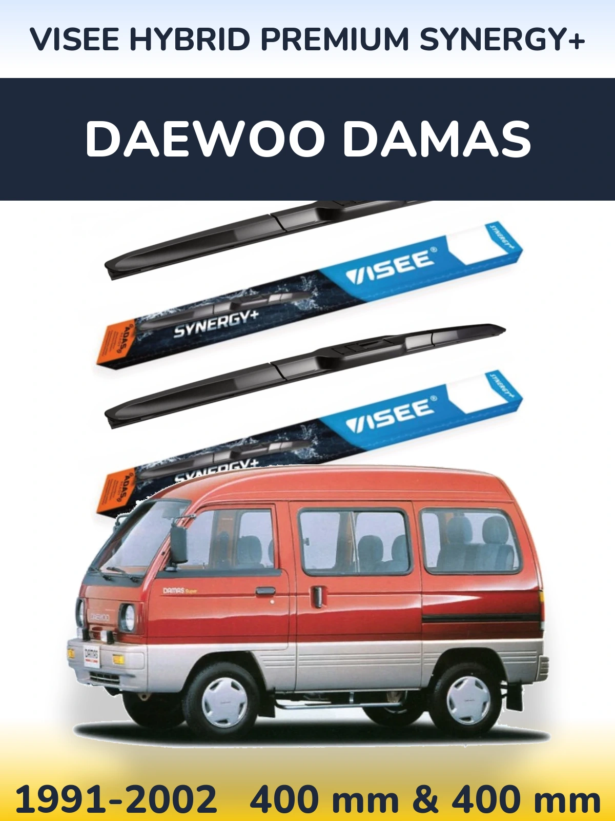 Front wiper blade set VISEE HYBRID PREMIUM SYNERGY+ 400 & 400 mm for Daewoo Damas 1991-2002