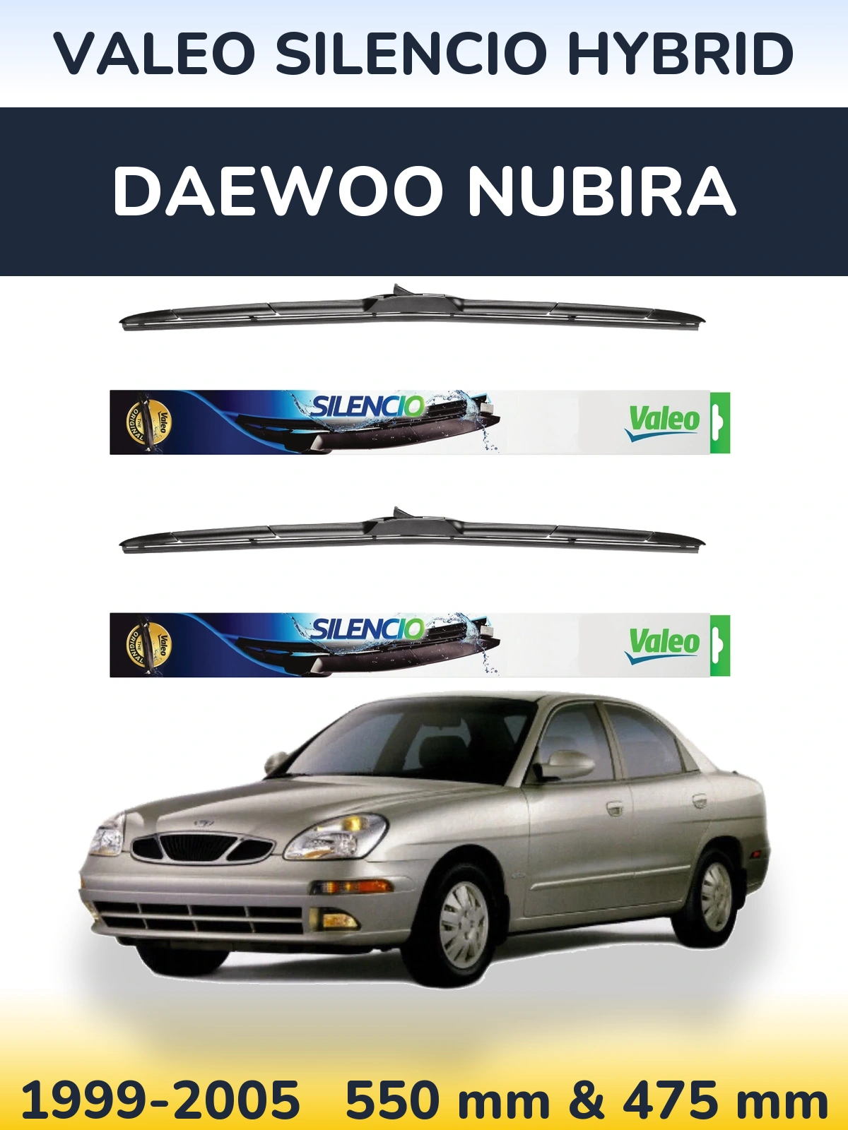 Front wiper blade set Valeo Silencio Hybrid 550 & 475 mm for Daewoo Nubira 1999-2005