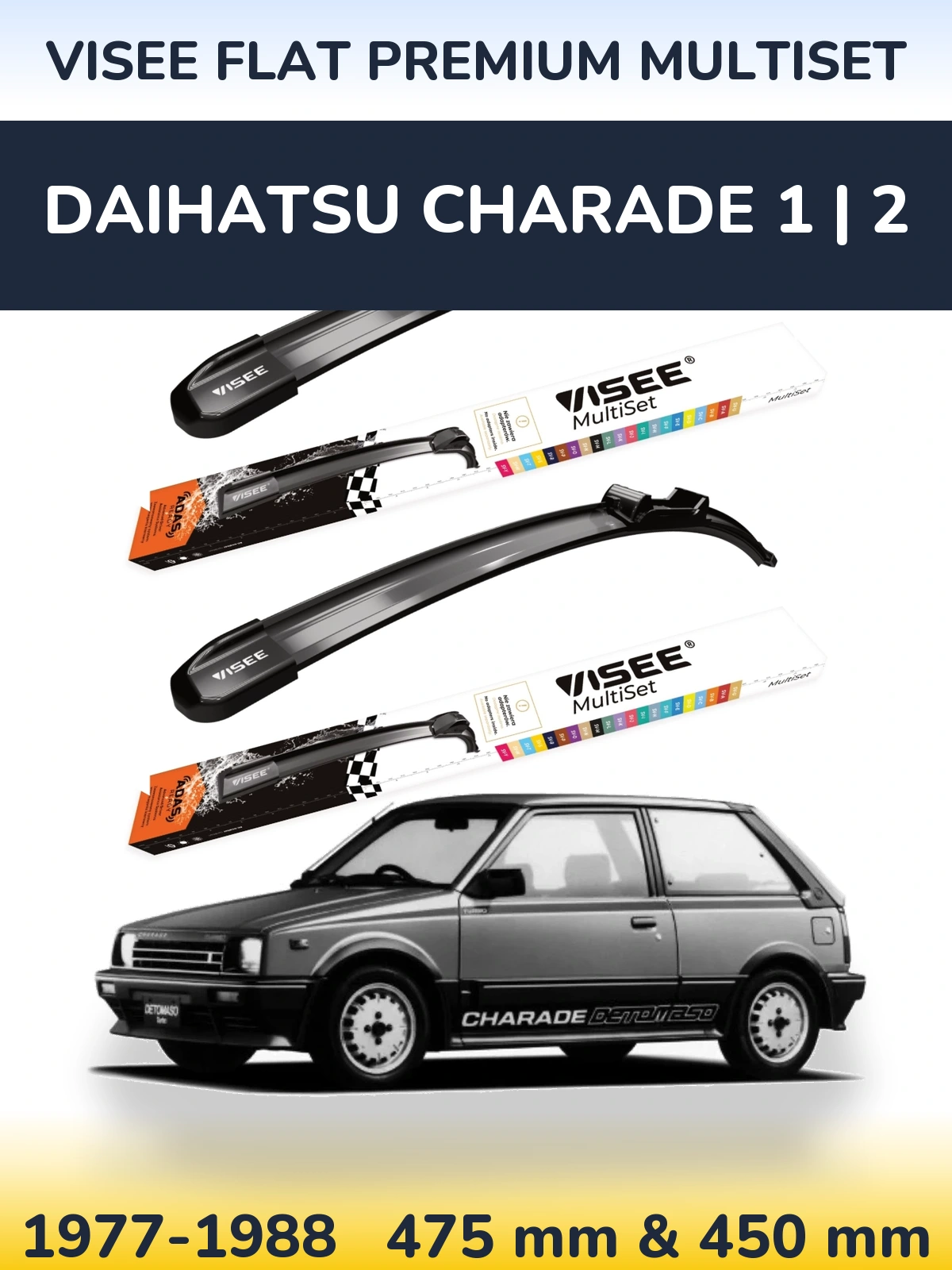 Front wiper blade set VISEE FLAT PREMIUM MultiSet 475 & 450 mm for Daihatsu Charade 1 | 2 1977-1988