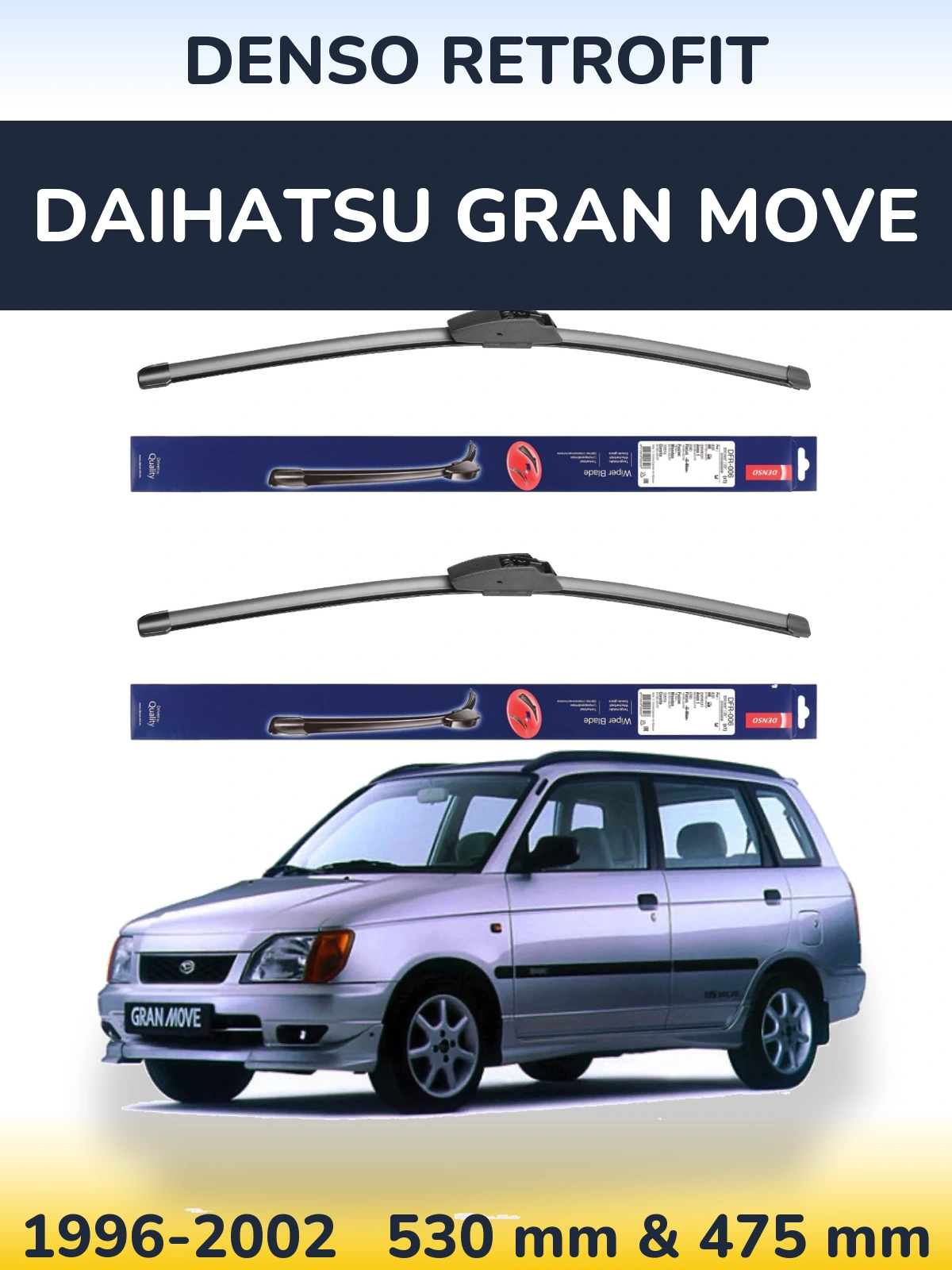 Front wiper blade set Denso Retrofit 530 & 475 mm for Daihatsu Gran Move 1996-2002