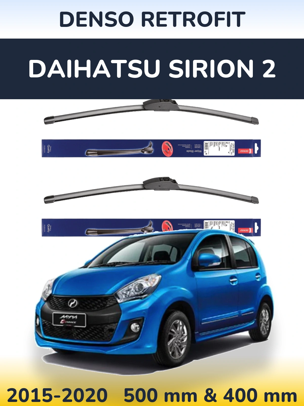 Front wiper blade set Denso Retrofit 500 & 400 mm for Daihatsu SIrion 2 2015-2020