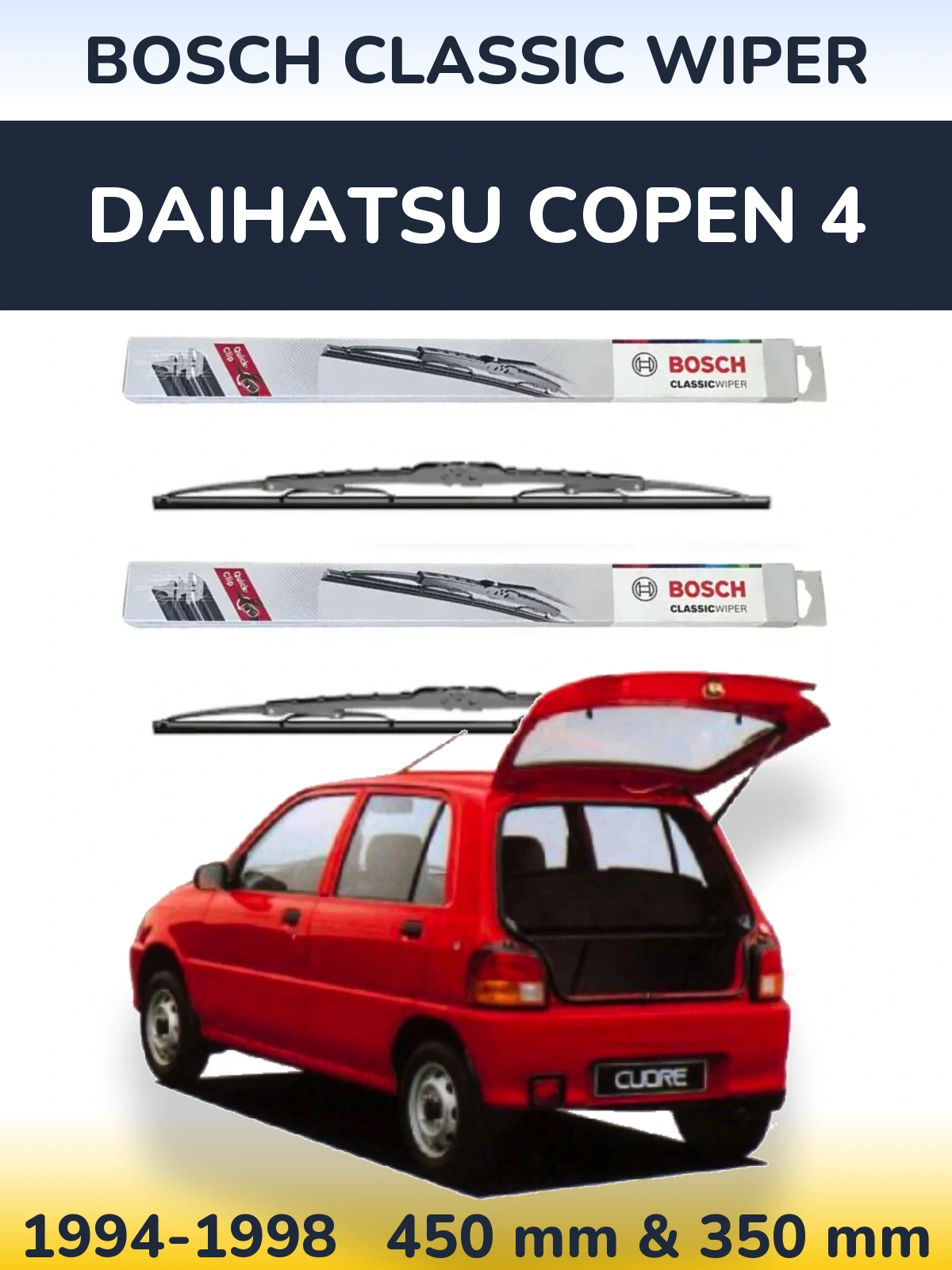 Front wiper blade set BOSCH Classic Wiper 450 & 340 mm for Daihatsu Copen 4 1994-1998