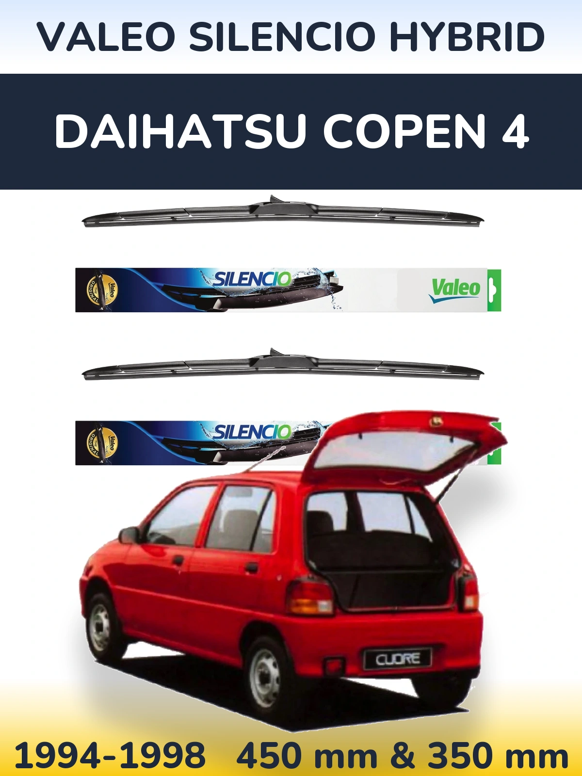 Front wiper blade set Valeo Silencio Hybrid 450 & 350 mm for Daihatsu Copen 4 1994-1998