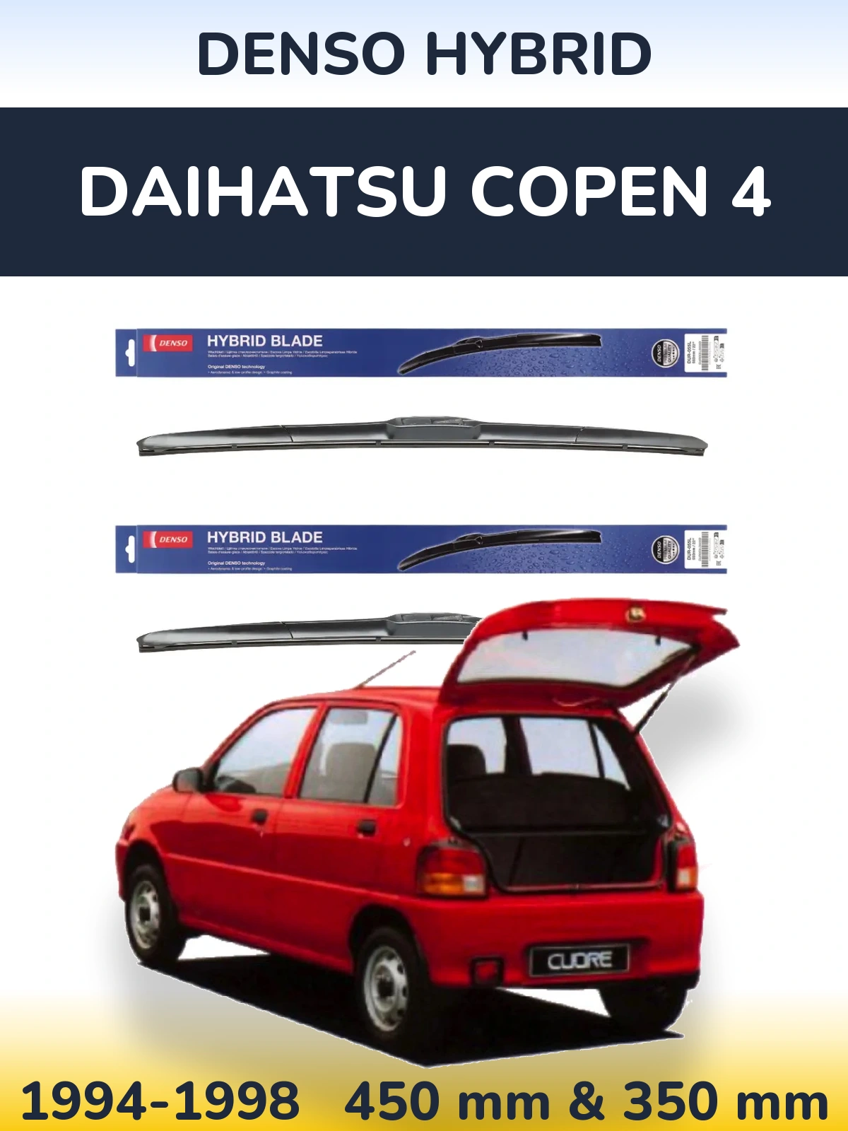 Front wiper blade set Denso Hybrid 450 & 350 mm for Daihatsu Copen 4 1994-1998
