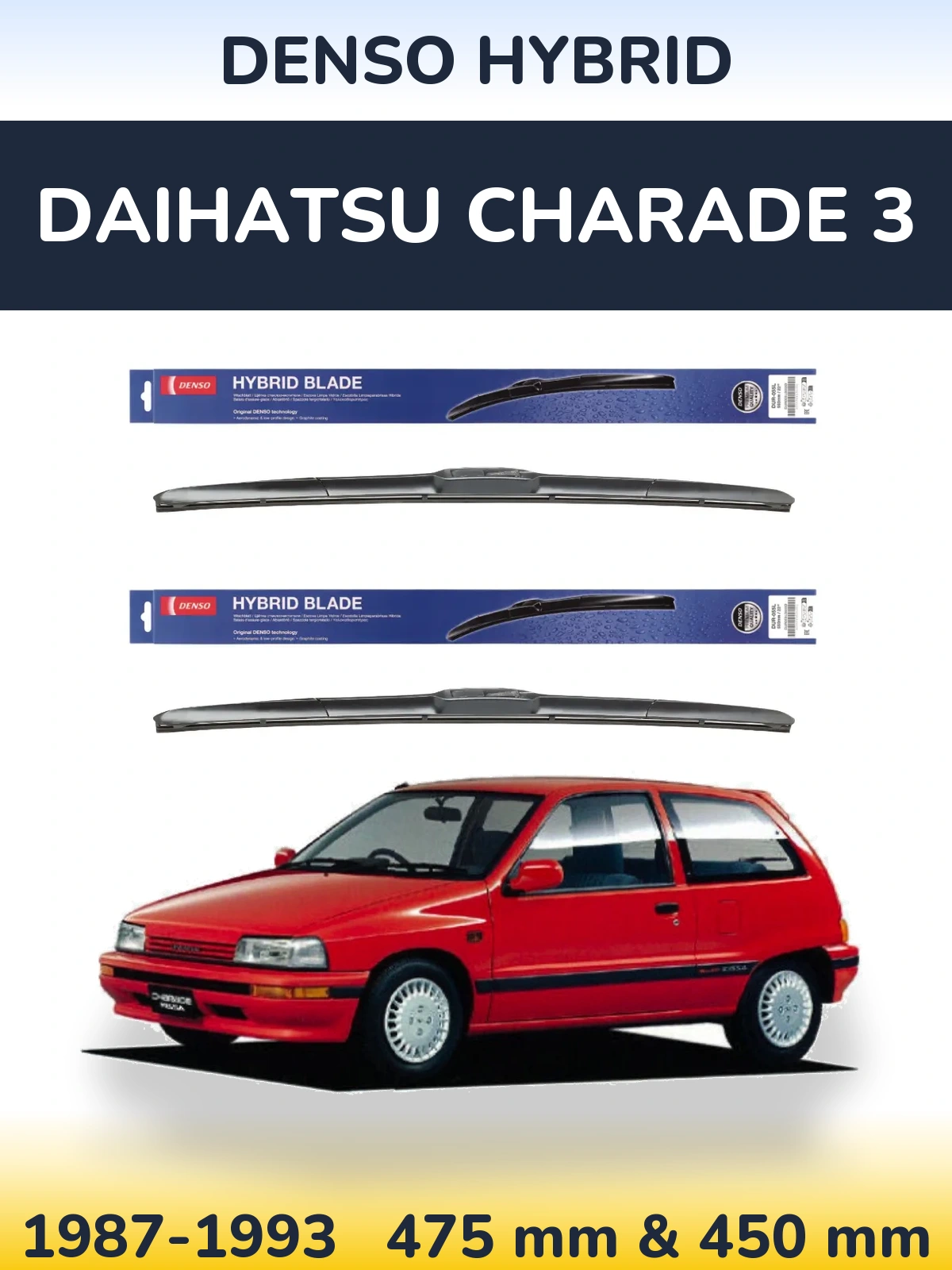 Front wiper blade set Denso Hybrid 475 & 450 mm for Daihatsu Charade 3 1987-1993