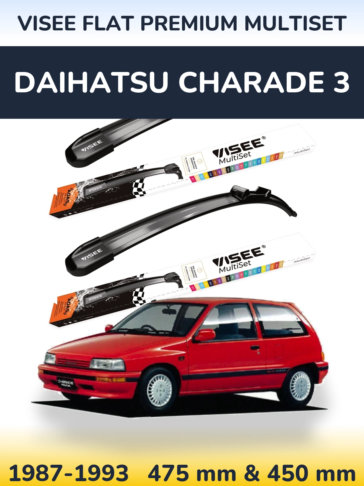 Front wiper blade set VISEE FLAT PREMIUM MultiSet 475 & 450 mm for Daihatsu Charade 3 1987-1993