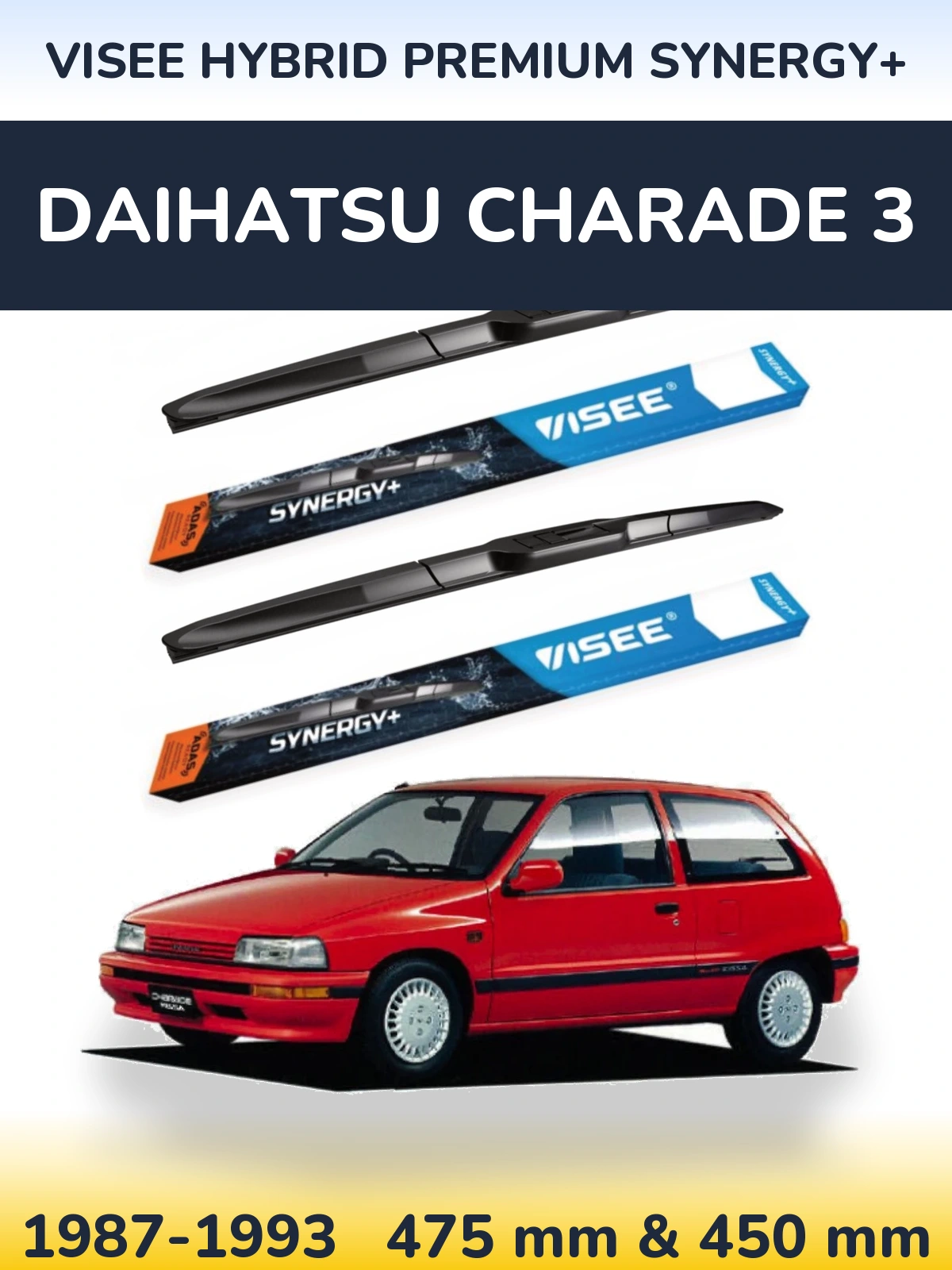 Front wiper blade set VISEE HYBRID PREMIUM SYNERGY+ 475 & 450 mm for Daihatsu Charade 3 1987-1993
