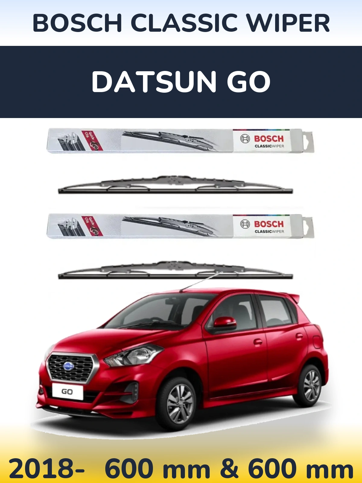 Front wiper blade set BOSCH Classic Wiper 600 & 600 mm for Datsun Go 2018-2026
