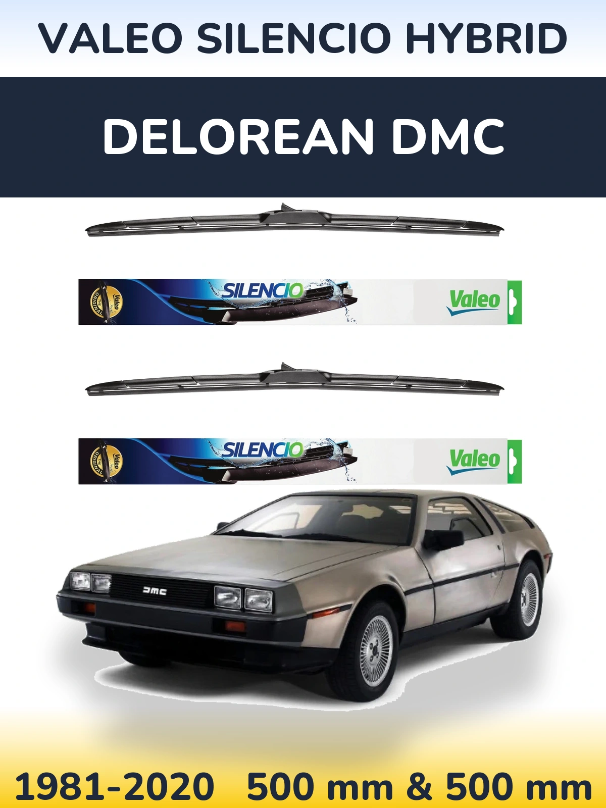 Front wiper blade set Valeo Silencio Hybrid 500 & 500 mm for DeLorean DMC 1981-2020
