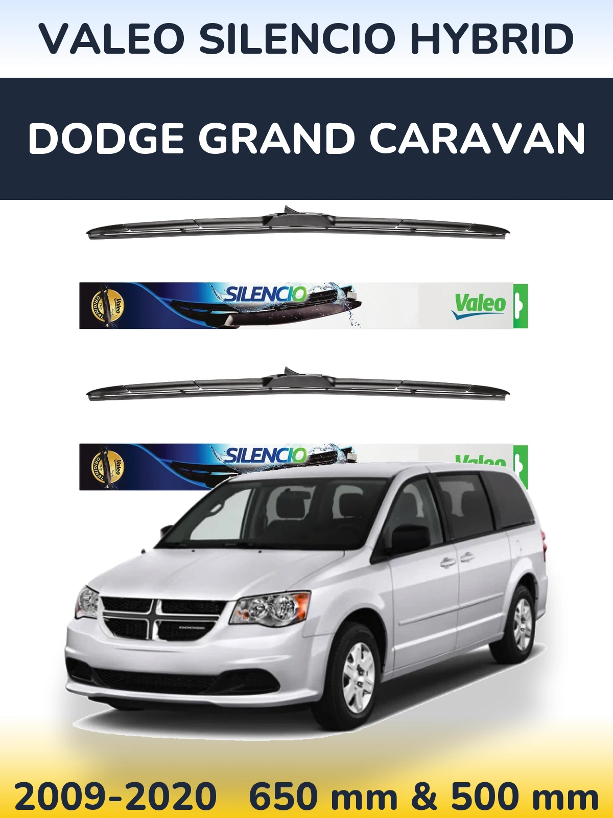 Front wiper blade set Valeo Silencio Hybrid 650 & 500 mm for Dodge Grand Caravan 2009-2020