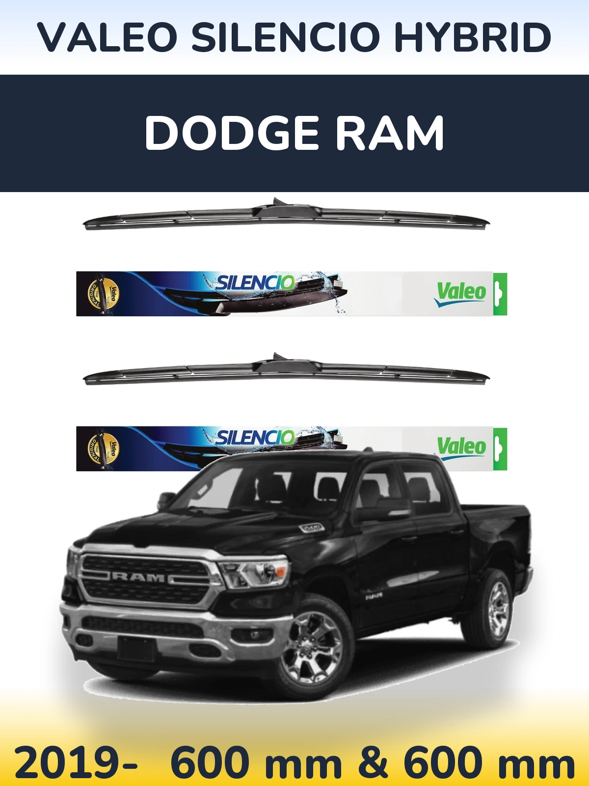 Front wiper blade set Valeo Silencio Hybrid 600 & 600 mm for Dodge RAM 2019-2026