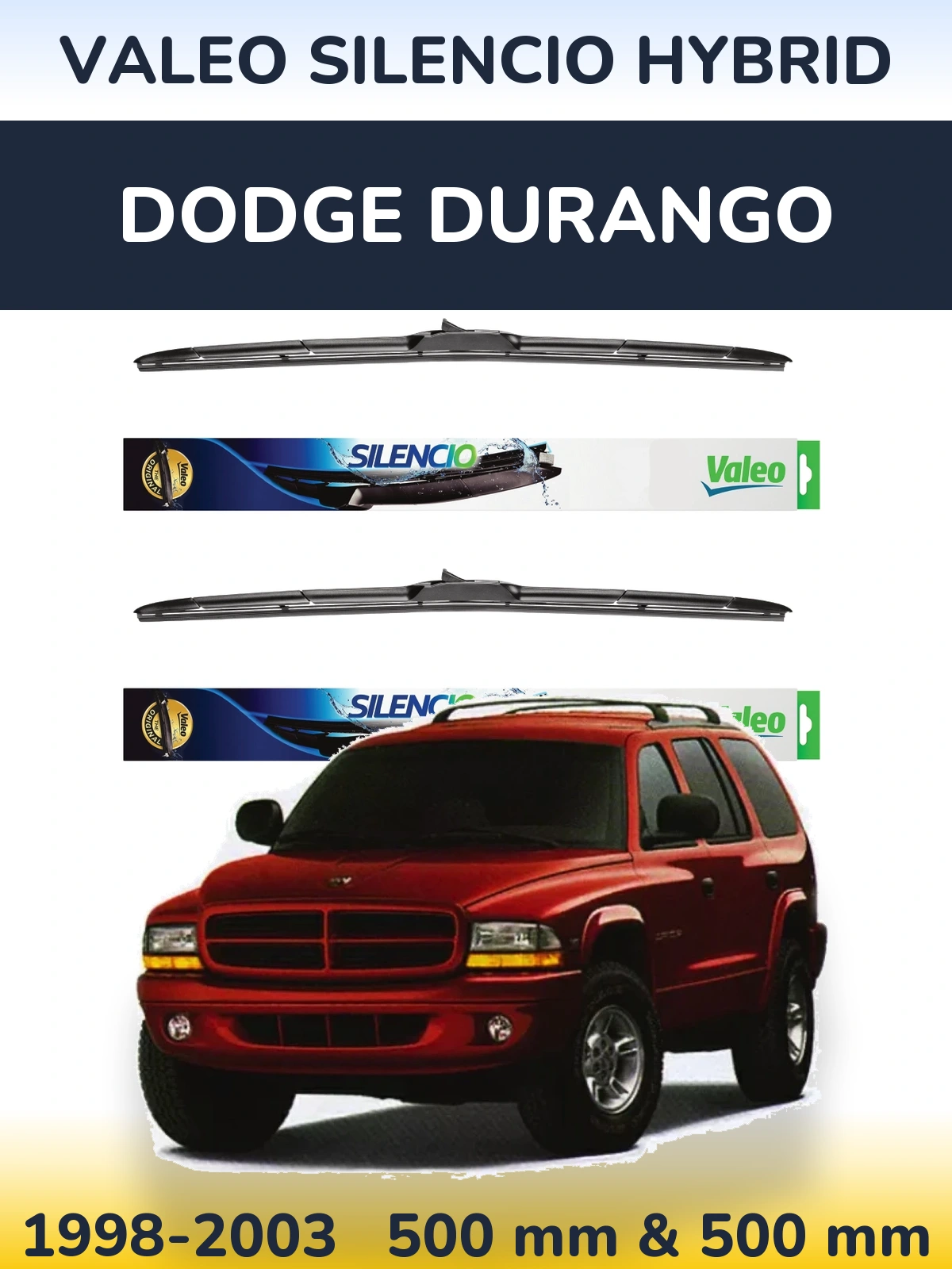 Front wiper blade set Valeo Silencio Hybrid 500 & 500 mm for Dodge Durango 1998-2003