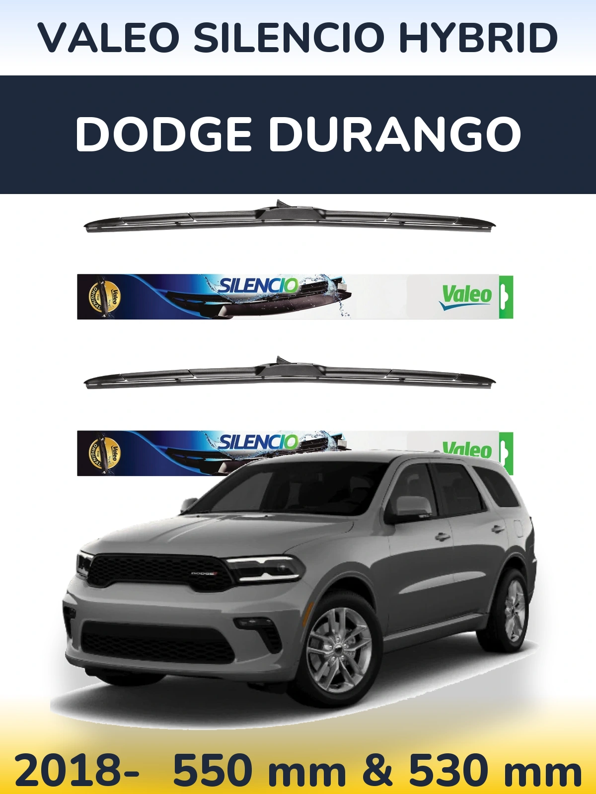 Front wiper blade set Valeo Silencio Hybrid 550 & 530 mm for Dodge Durango 2018-2026