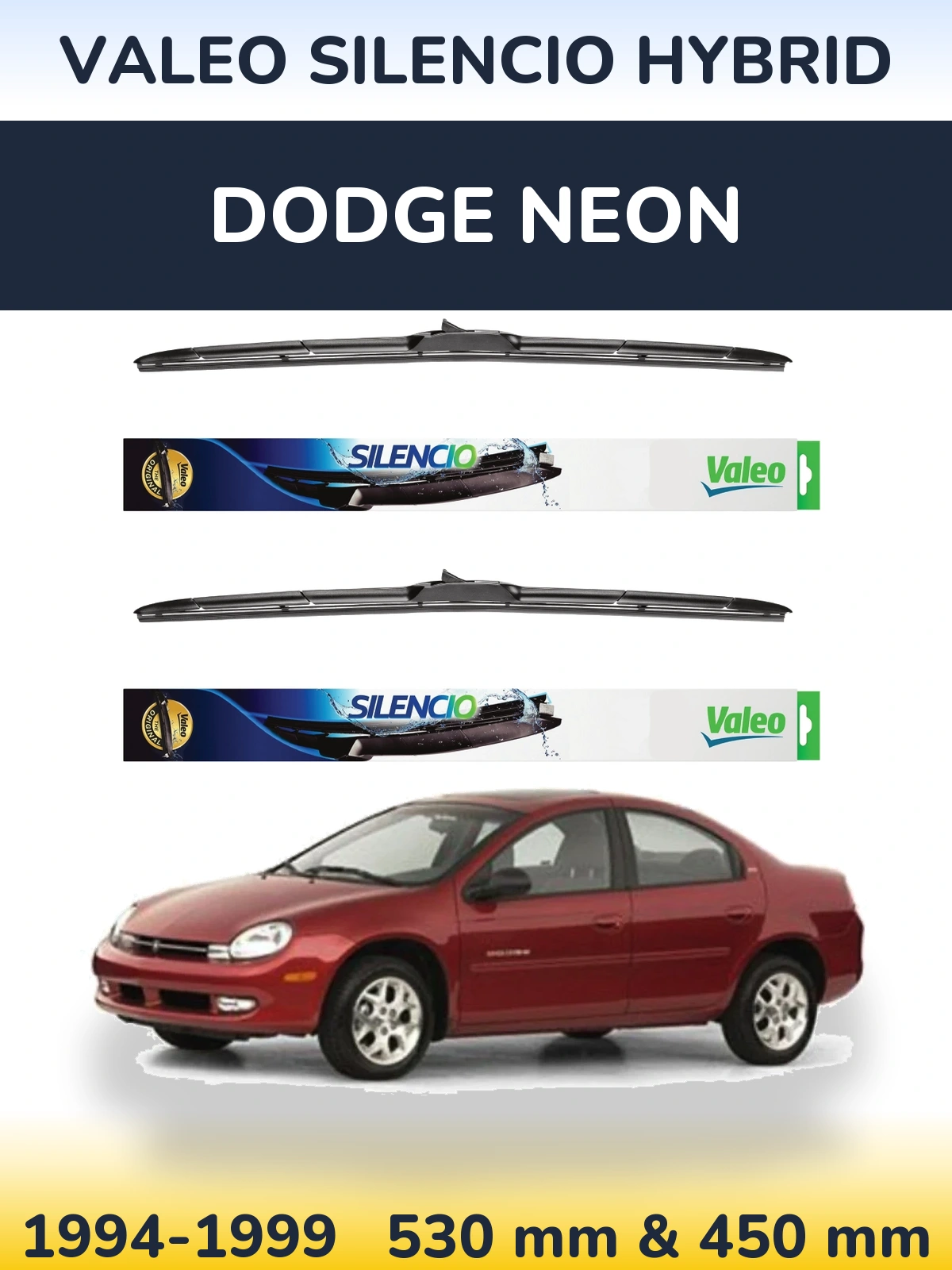 Front wiper blade set Valeo Silencio Hybrid 530 & 450 mm for Dodge Neon 1994-1999