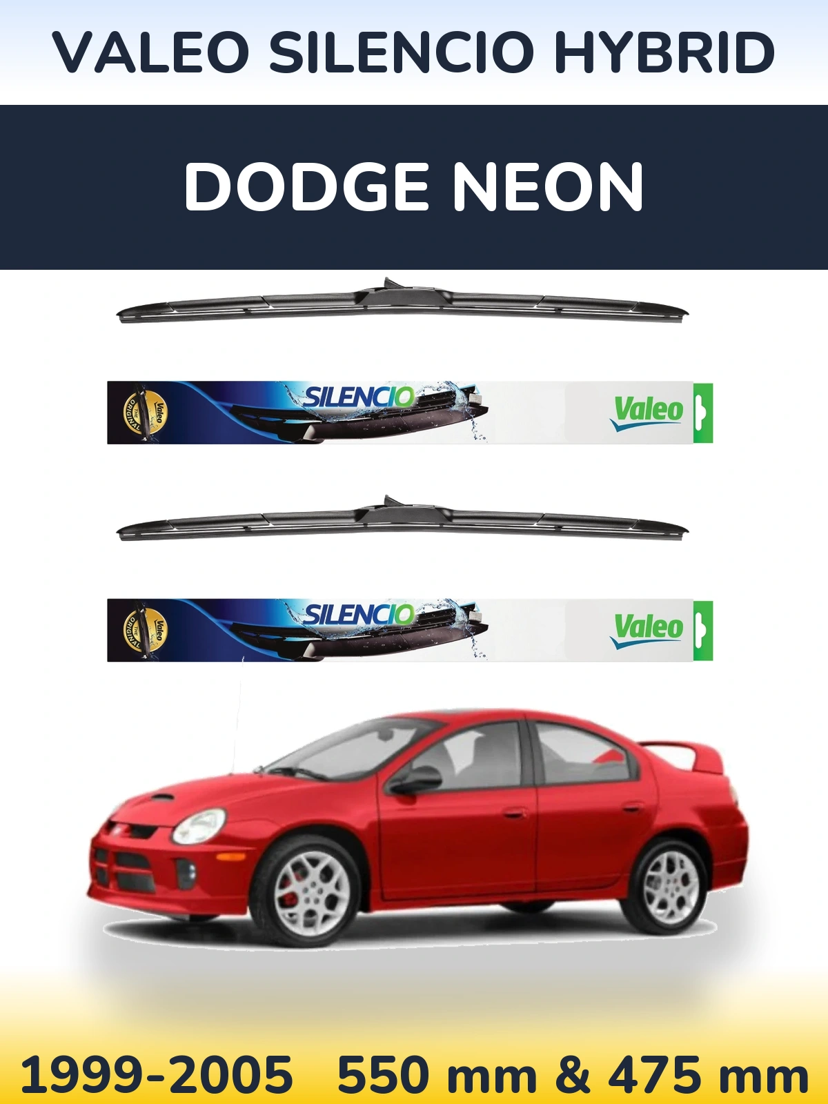 Front wiper blade set Valeo Silencio Hybrid 550 & 475 mm for Dodge Neon 1999-2005