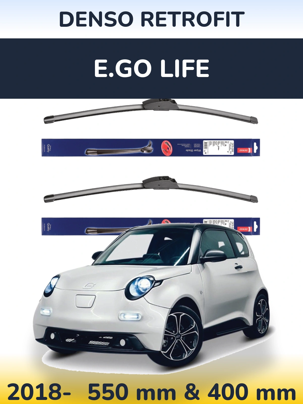 Front wiper blade set Denso Retrofit 550 & 400 mm for E.GO life 2018-2026