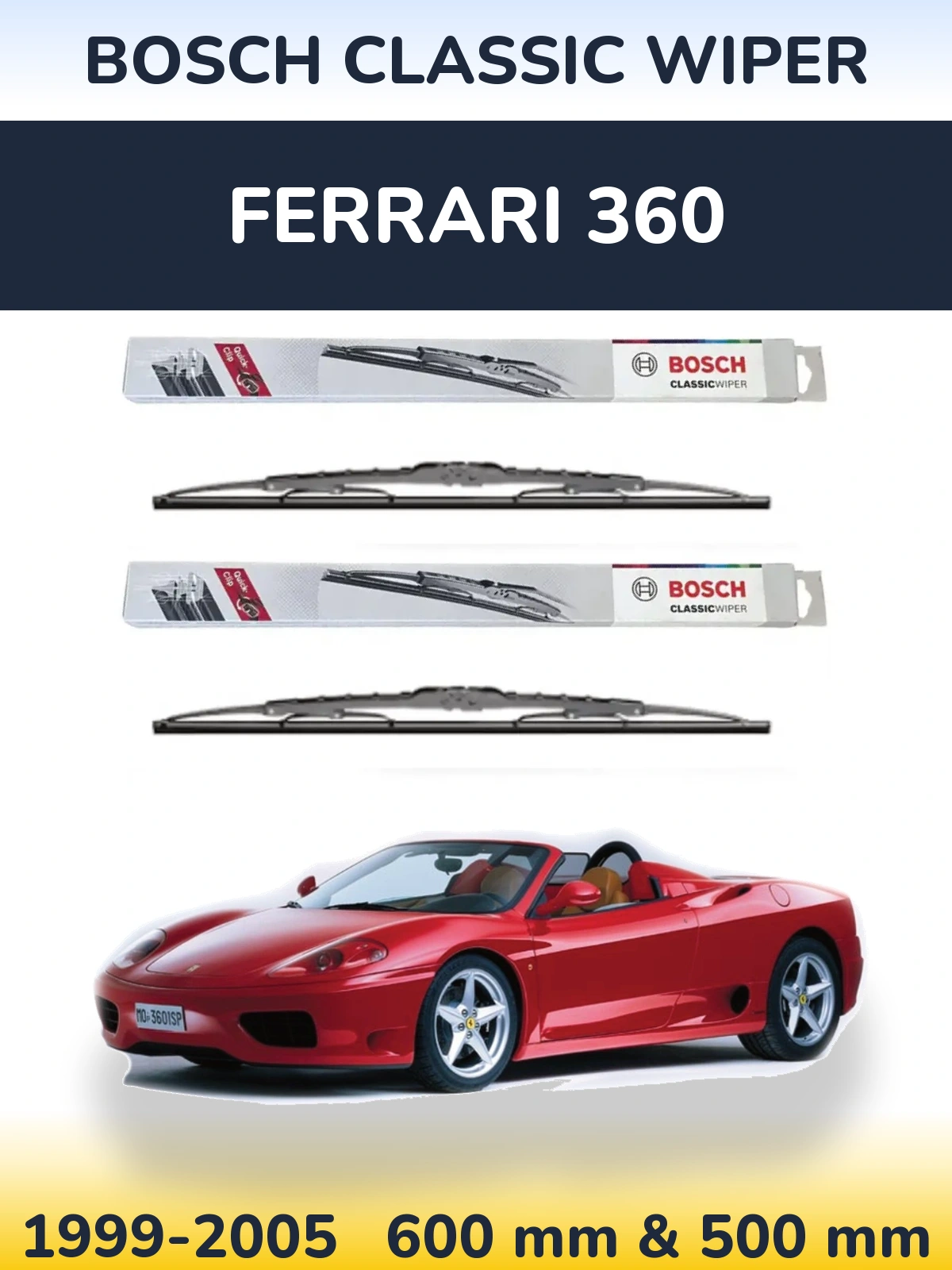 Front wiper blade set BOSCH Classic Wiper 600 & 500 mm for Ferrari 360 1999-2005