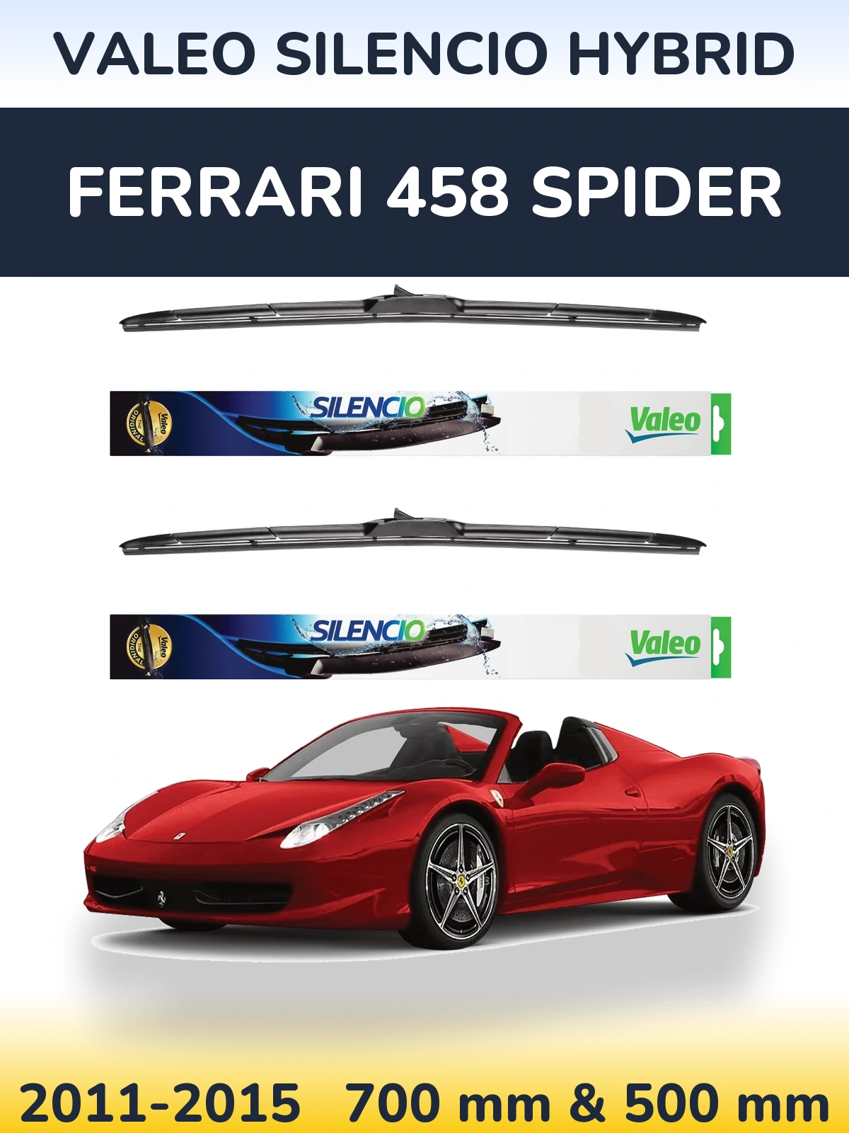 Front wiper blade set Valeo Silencio Hybrid 700 & 500 mm for Ferrari 458 Spider 2011-2015