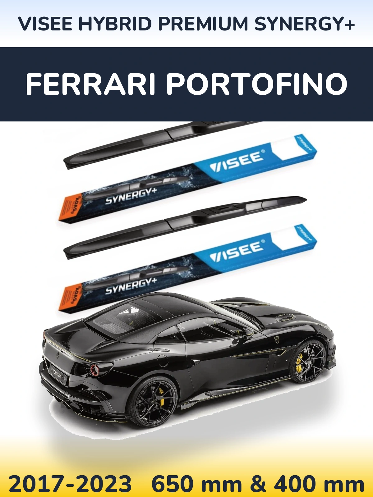 Front wiper blade set VISEE HYBRID PREMIUM SYNERGY+ 650 & 400 mm for Ferrari Portofino 2017-2023