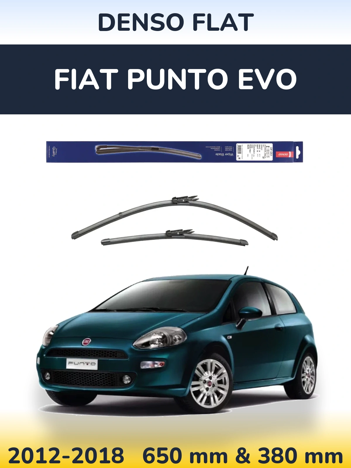Front wiper blade set Denso Flat 650 & 380 mm for Fiat Punto Evo 2012-2018
