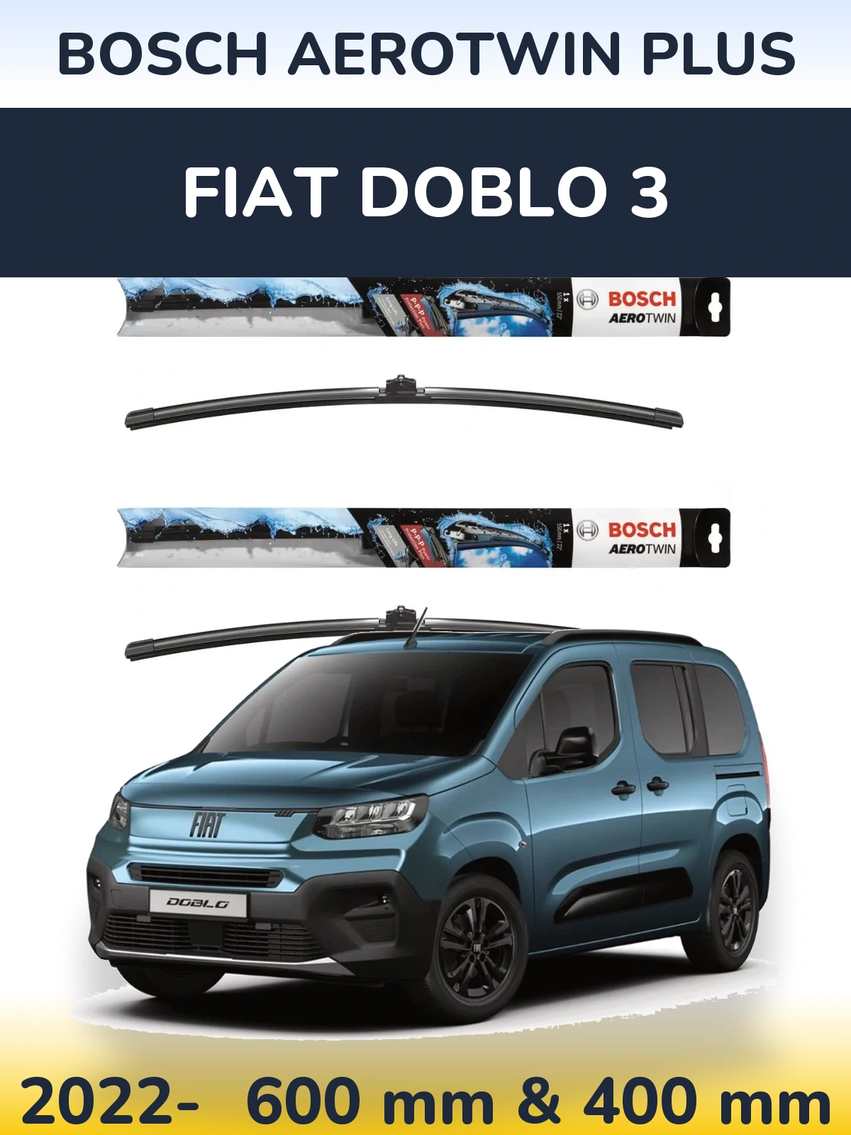 Комплект передніх щіток BOSCH AeroTwin Plus 600 & 400 мм для Fiat Doblo 3 2022-2026