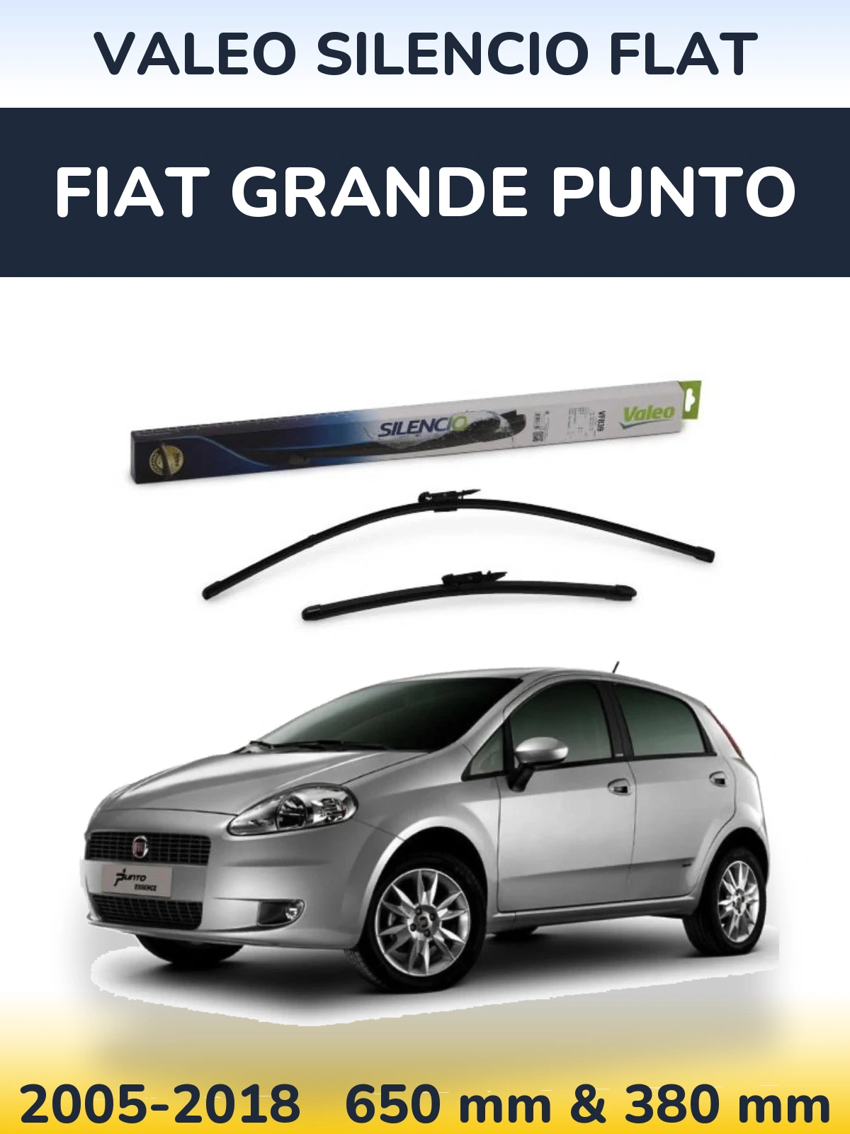 Front wiper blade set Valeo Silencio Flat 650 & 380 mm for Fiat Grande Punto 2005-2018