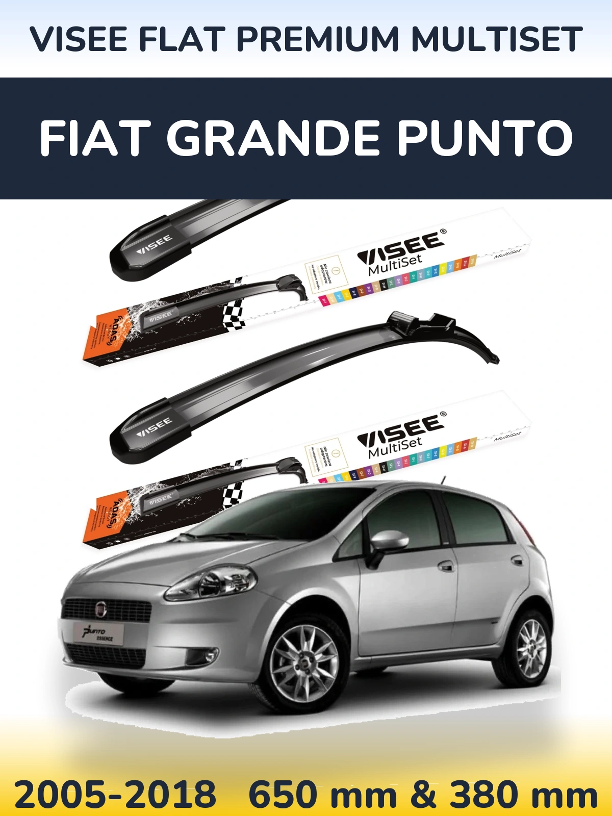 Front wiper blade set VISEE FLAT PREMIUM MultiSet 650 & 380 mm for Fiat Grande Punto 2005-2018