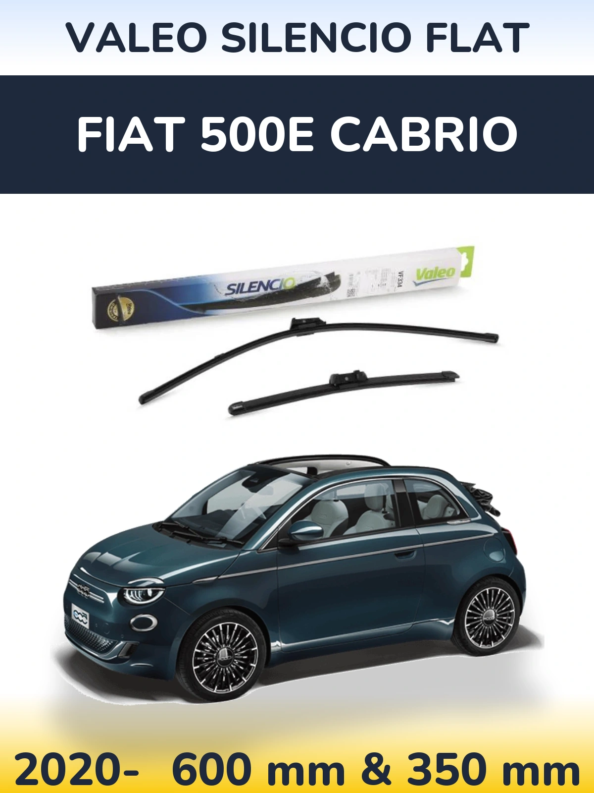 Front wiper blade set Valeo Silencio Flat 600 & 350 mm for Fiat 500e Cabrio 2020-2026
