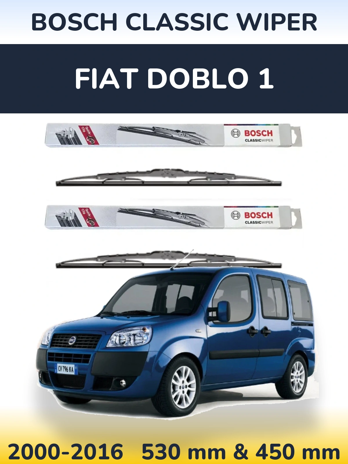 Комплект передних дворников BOSCH Classic Wiper 530 & 450 мм для Fiat Doblo 1 2000-2016