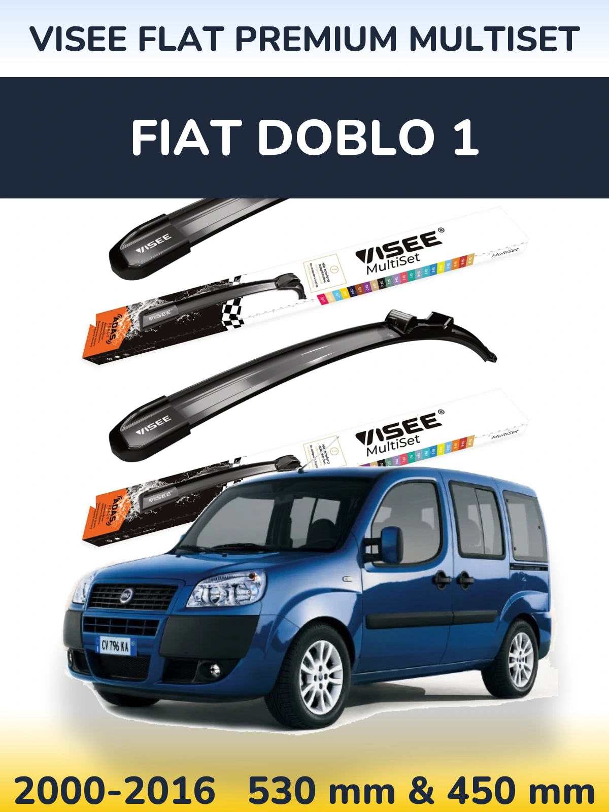 Front wiper blade set VISEE FLAT PREMIUM MultiSet 530 & 450 mm for Fiat Doblo 1 2000-2016