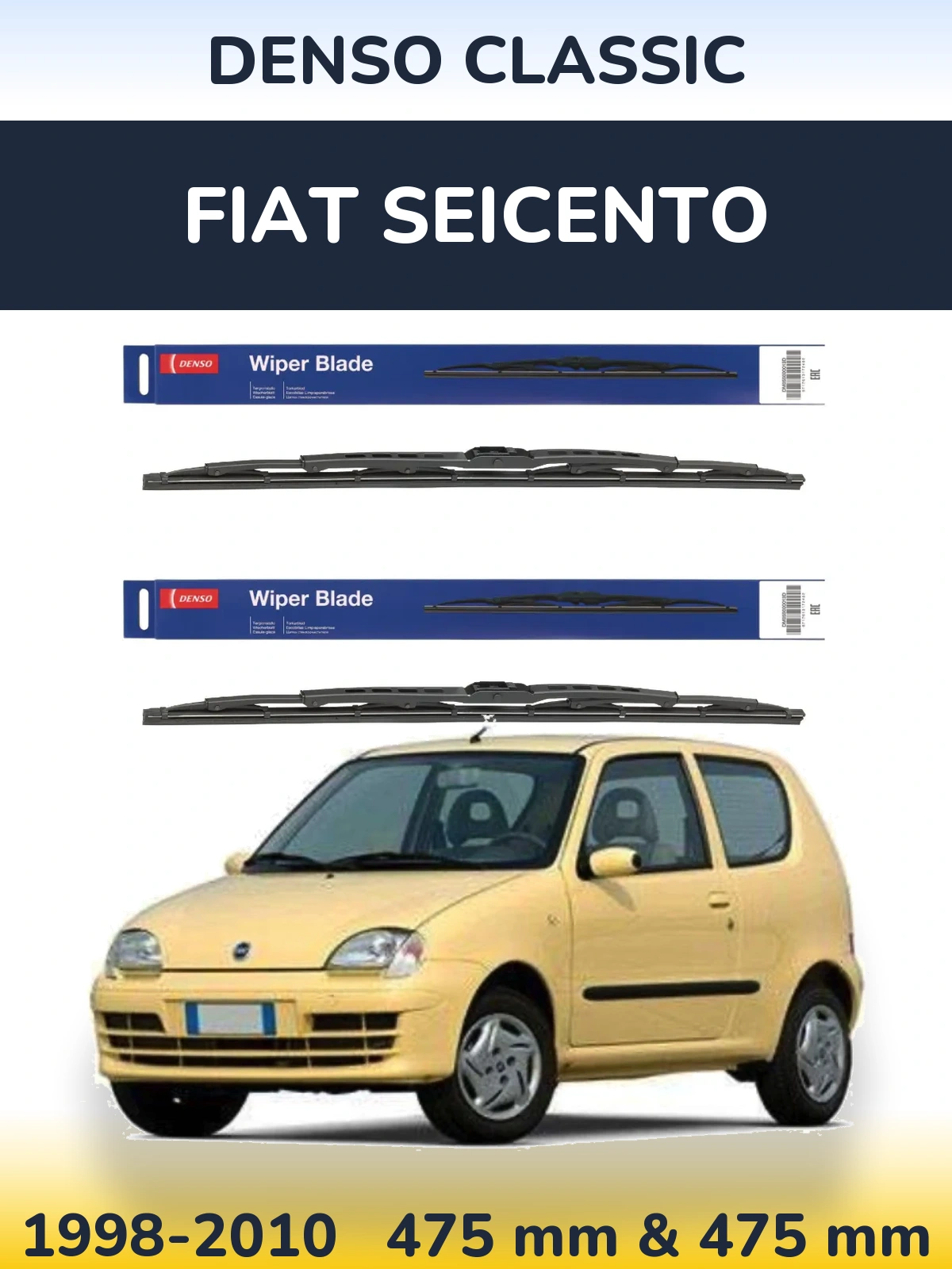 Front wiper blade set Denso Classic 475 & 475 mm for Fiat Seicento 1998-2010
