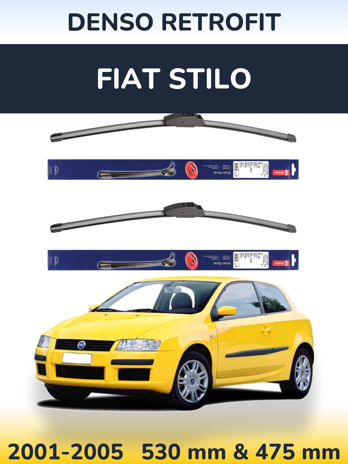 Front wiper blade set Denso Retrofit 530 & 475 mm for Fiat Stilo 2001-2005