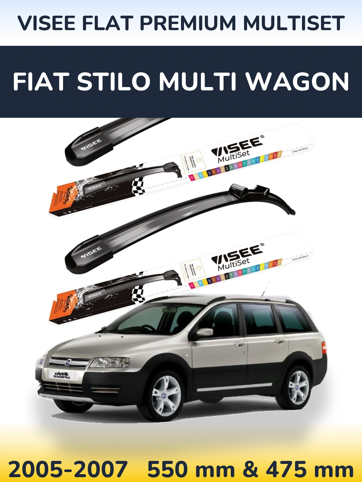 Front wiper blade set VISEE FLAT PREMIUM MultiSet 550 & 475 mm for Fiat Stilo Multi Wagon 2005-2007