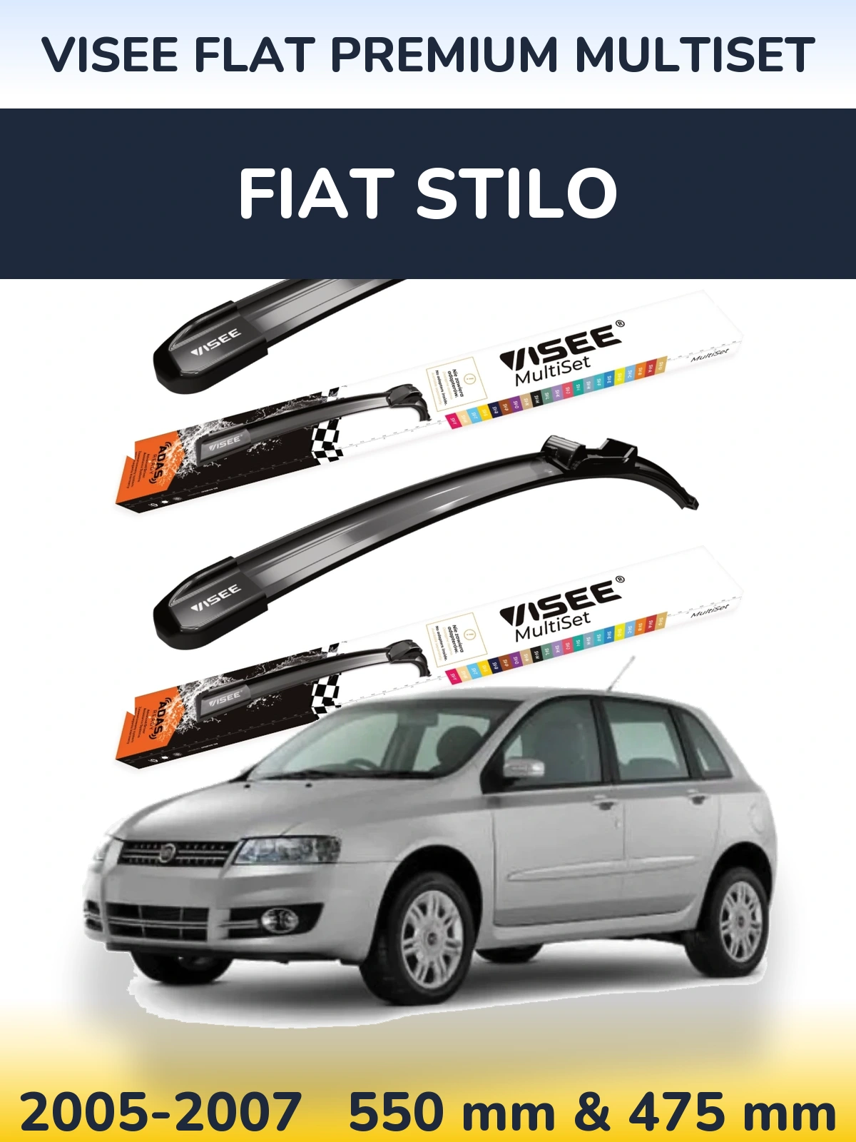 Front wiper blade set VISEE FLAT PREMIUM MultiSet 550 & 475 mm for Fiat Stilo 2005-2007