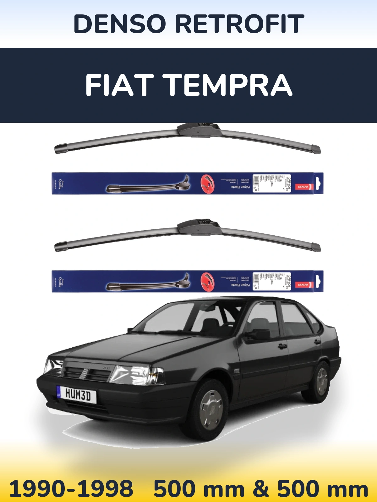 Front wiper blade set Denso Retrofit 500 & 500 mm for Fiat Tempra 1990-1998