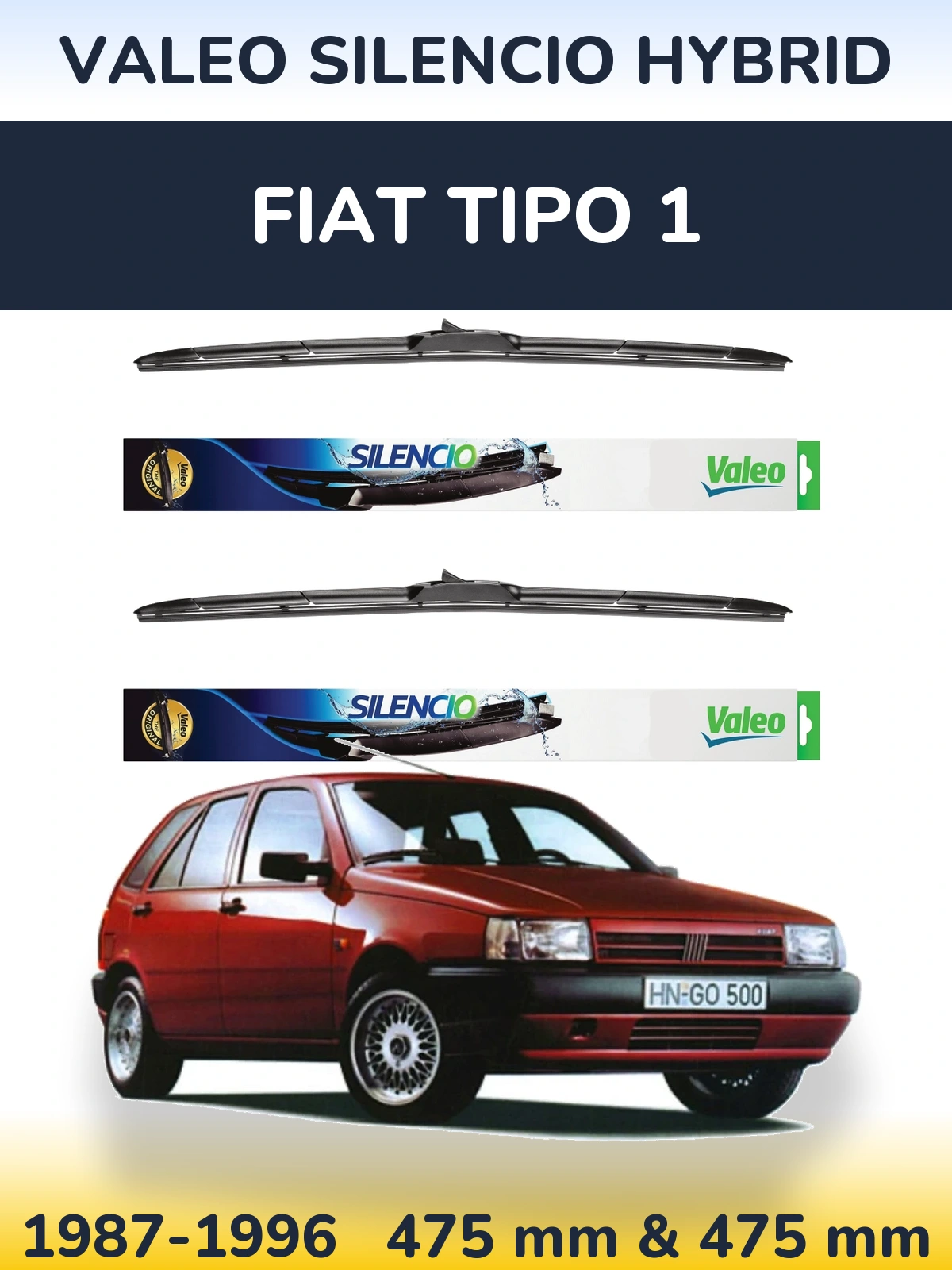 Front wiper blade set Valeo Silencio Hybrid 475 & 475 mm for Fiat Tipo 1 1987-1996