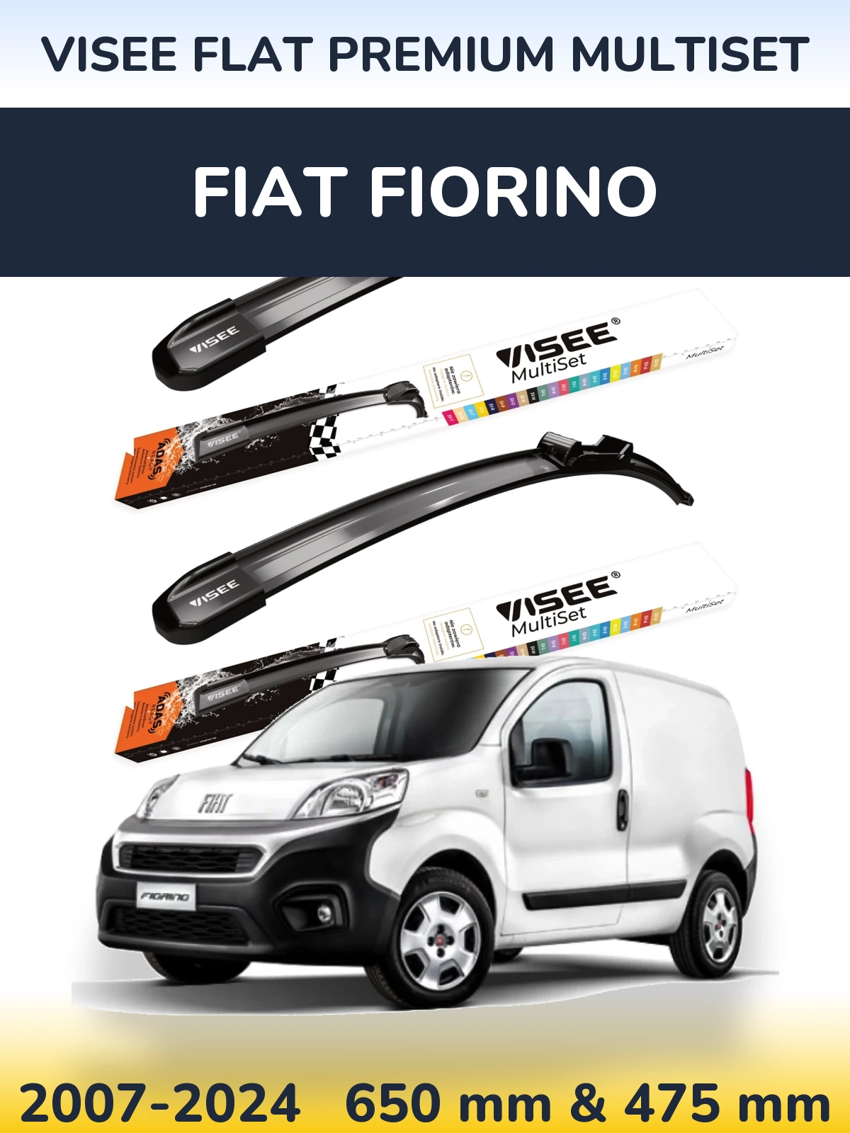Front wiper blade set VISEE FLAT PREMIUM MultiSet 650 & 475 mm for Fiat Fiorino 2007-2024