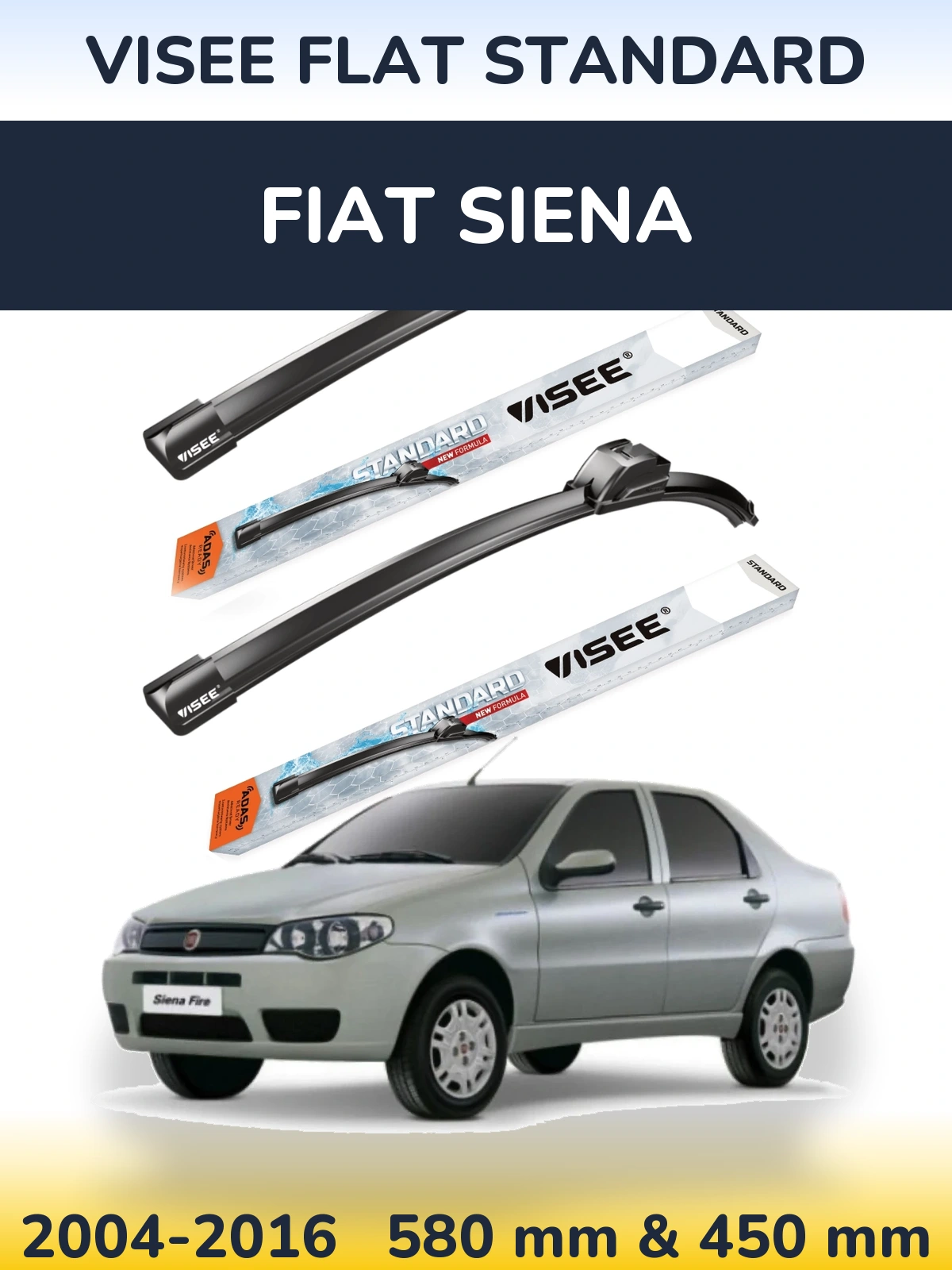 Front wiper blade set VISEE FLAT STANDARD 580 & 450 mm for Fiat Siena 2004-2016