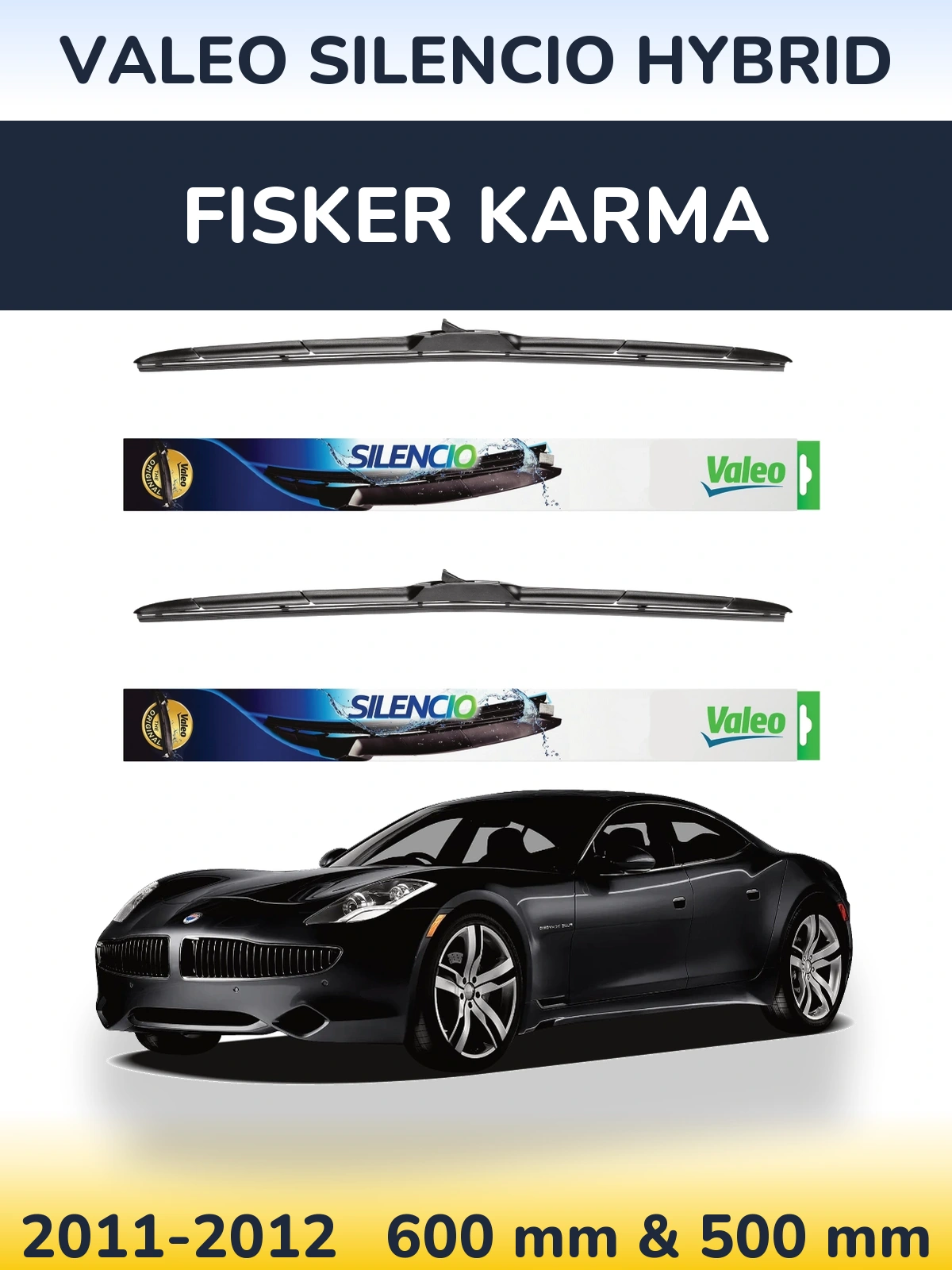 Front wiper blade set Valeo Silencio Hybrid 600 & 500 mm for Fisker Karma 2011-2012