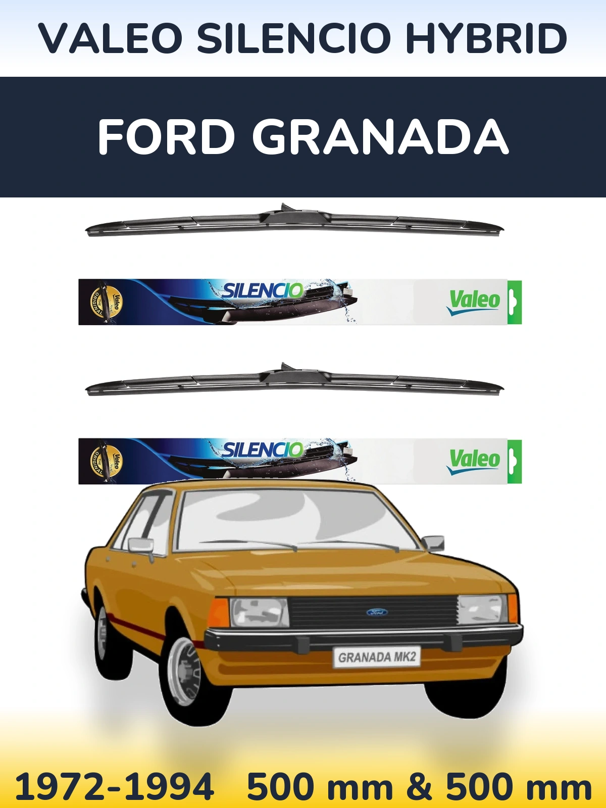 Front wiper blade set Valeo Silencio Hybrid 500 & 500 mm for Ford Granada 1972-1994