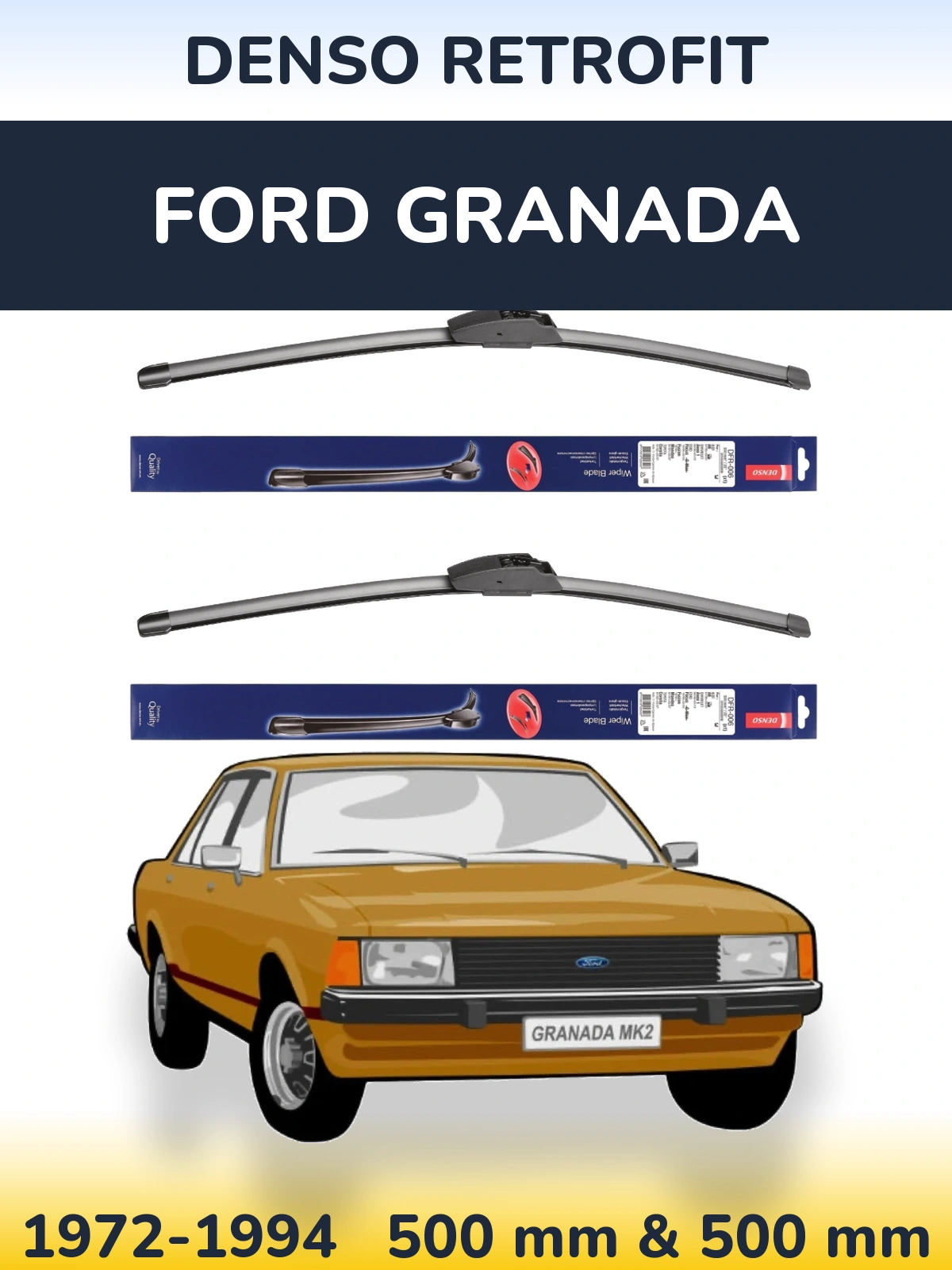 Front wiper blade set Denso Retrofit 500 & 500 mm for Ford Granada 1972-1994