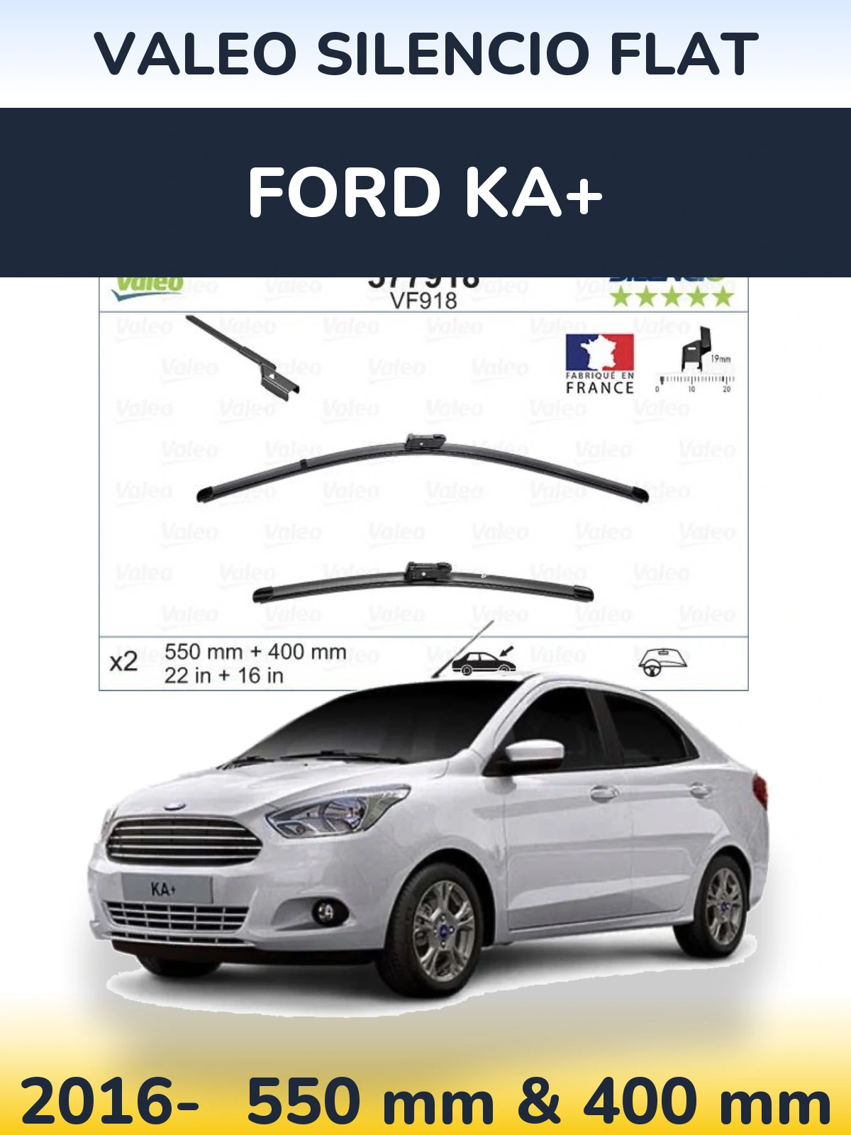 Front wiper blade set Valeo Silencio Flat 550 & 400 mm for Ford Ka+ 2016-2026