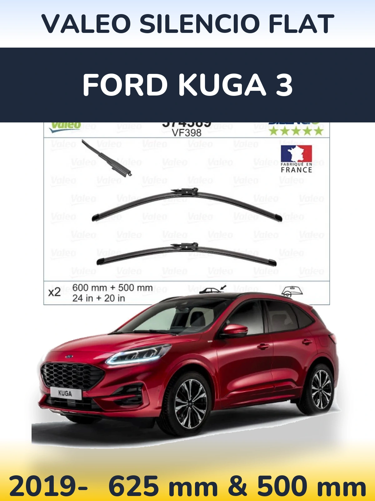 Комплект передних дворников Valeo Silencio Flat 600 & 500 мм для Ford Kuga 3 2019-2026