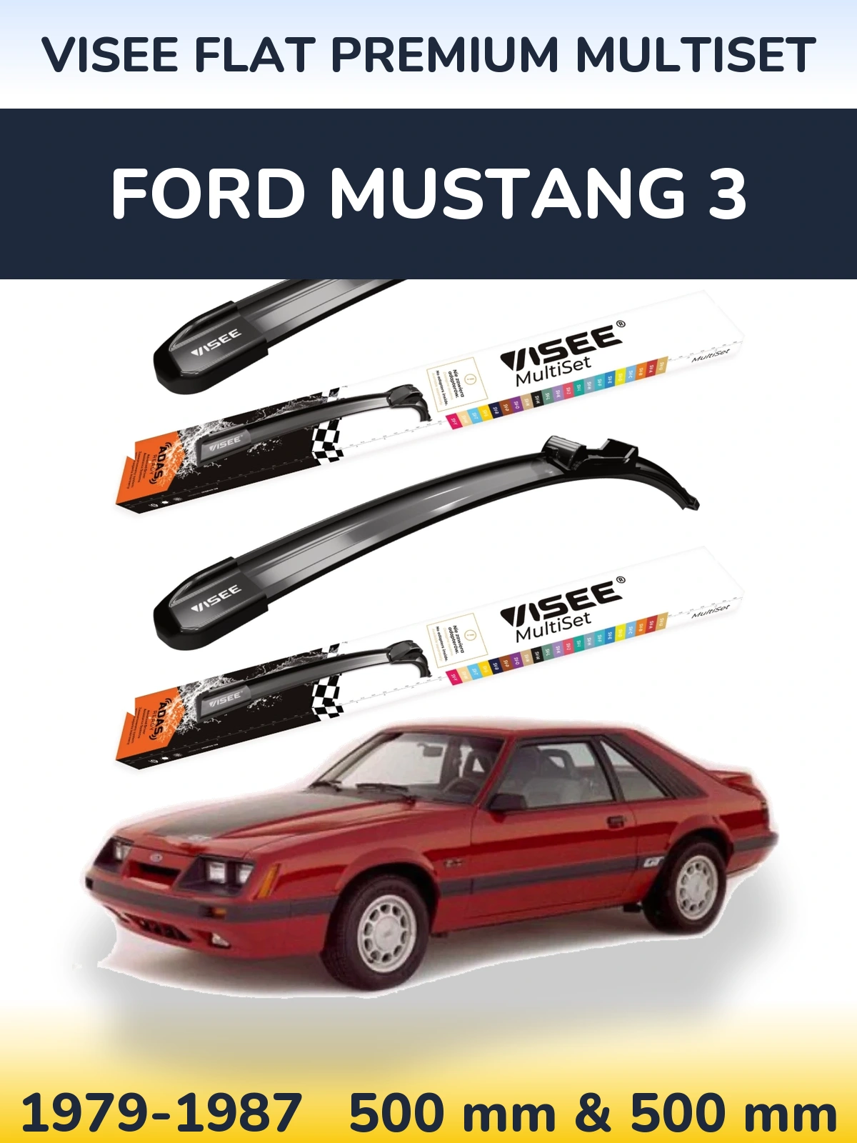 Front wiper blade set VISEE FLAT PREMIUM MultiSet 500 & 500 mm for Ford Mustang 3 1979-1987