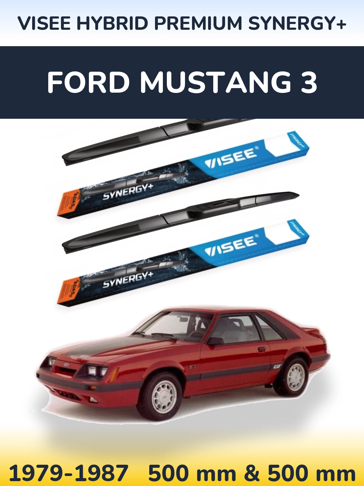 Front wiper blade set VISEE HYBRID PREMIUM SYNERGY+ 500 & 500 mm for Ford Mustang 3 1979-1987