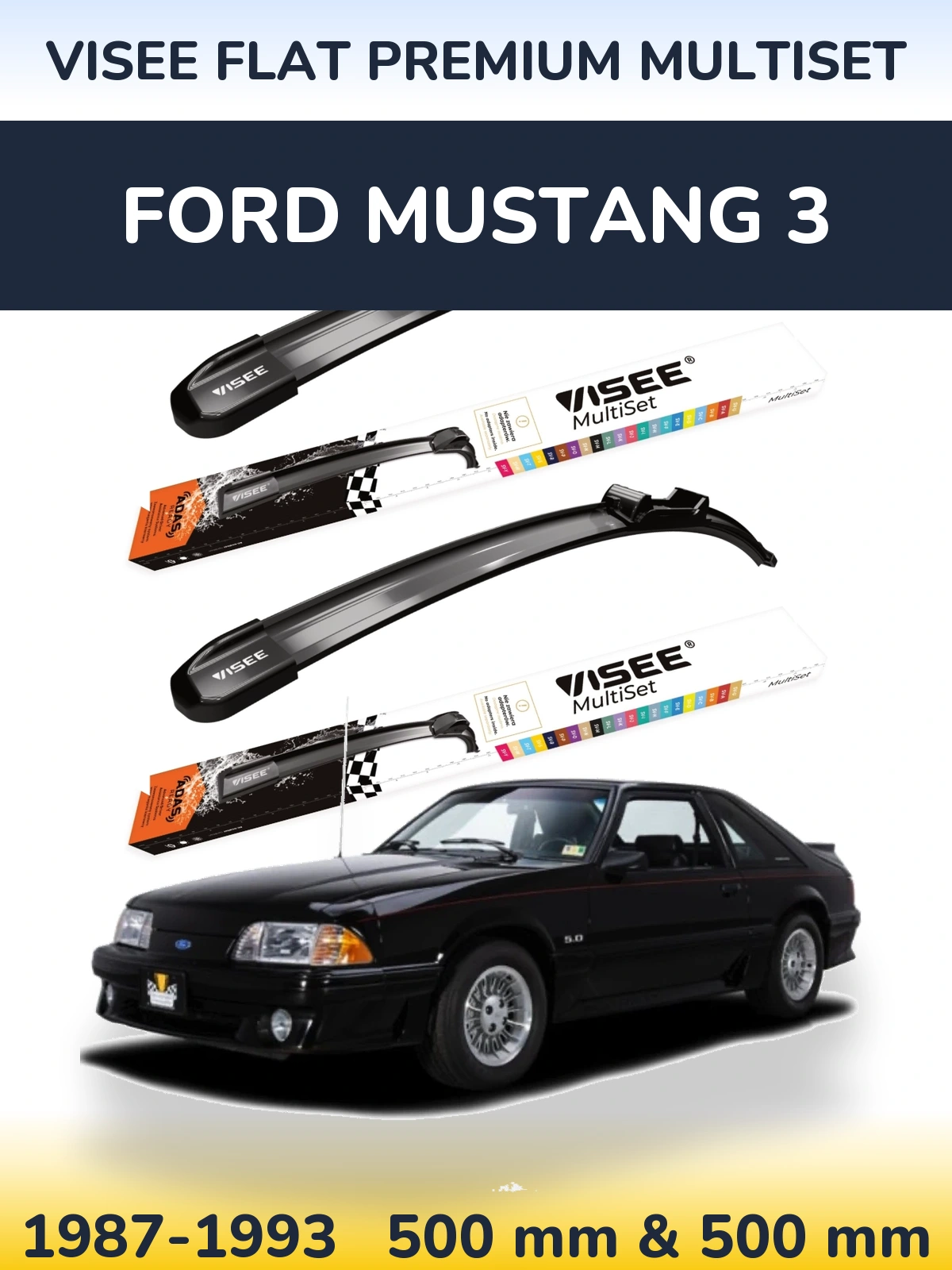 Front wiper blade set VISEE FLAT PREMIUM MultiSet 500 & 500 mm for Ford Mustang 3 1987-1993