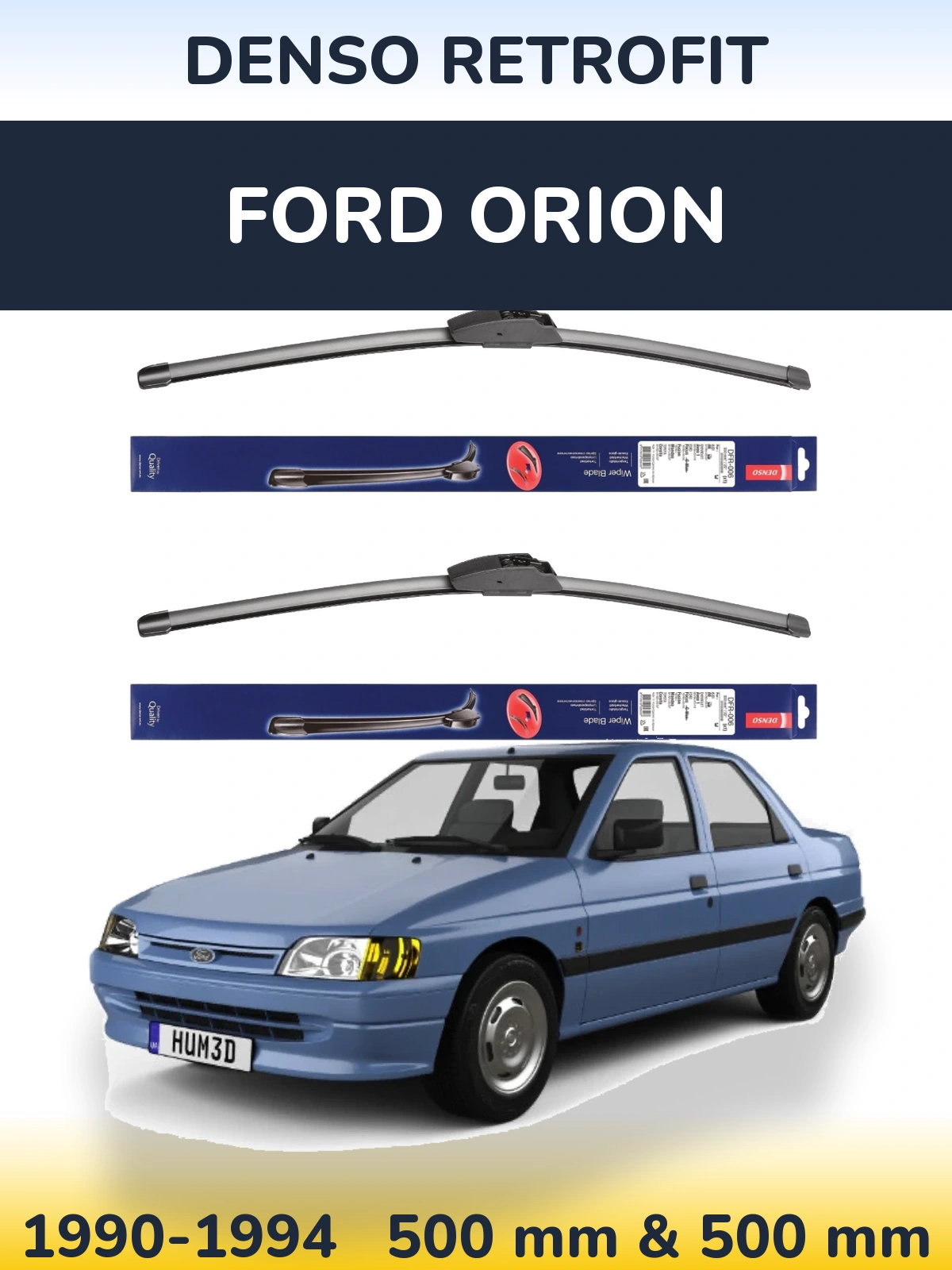Front wiper blade set Denso Retrofit 500 & 500 mm for Ford Orion 1990-1994