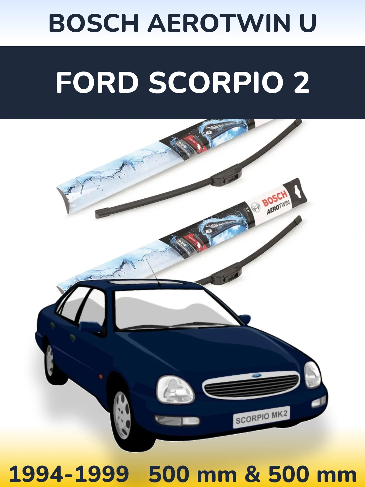 Front wiper blade set BOSCH AeroTwin U 500 & 500 mm for Ford Scorpio 2 1994-1999