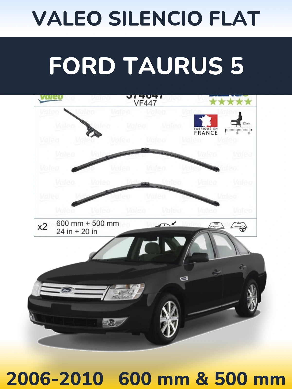 Front wiper blade set Valeo Silencio Flat 600 & 500 mm for Ford Taurus 5 2006-2010